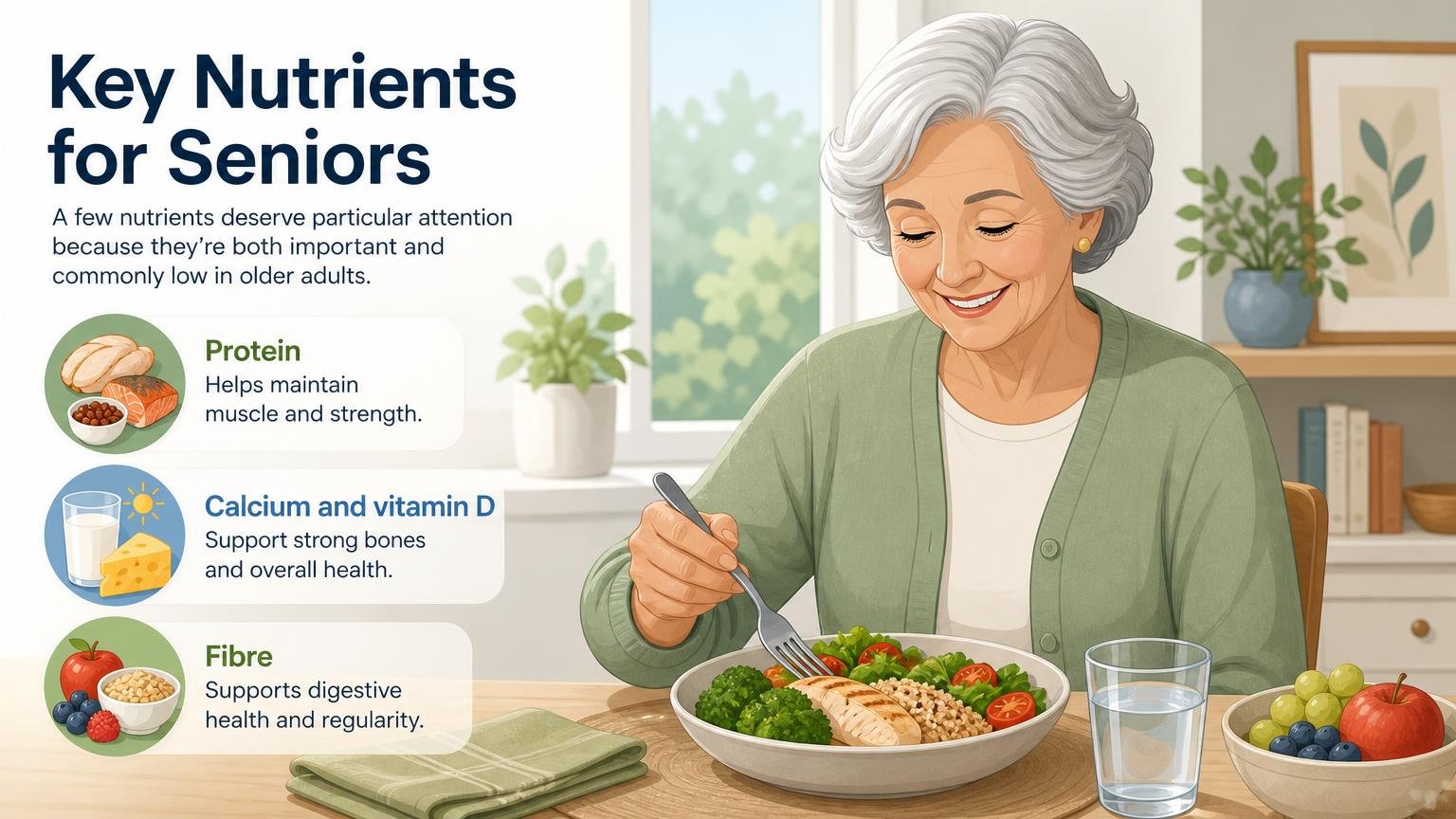 Illustration for A Daily Nutrition and Hydration Guide for Seniors: Key nutrients for seniors