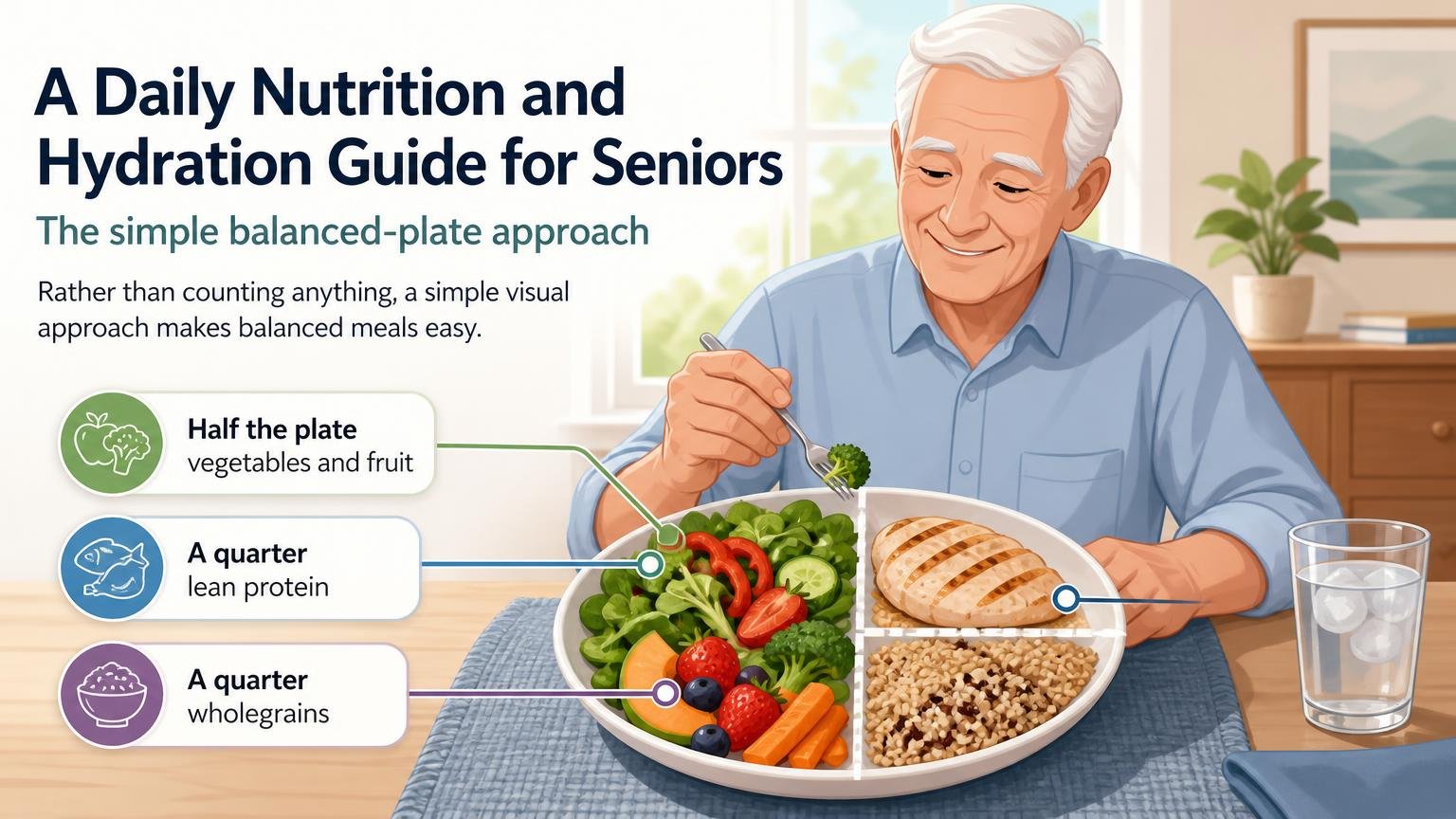 Illustration for A Daily Nutrition and Hydration Guide for Seniors: The simple balanced-plate approach
