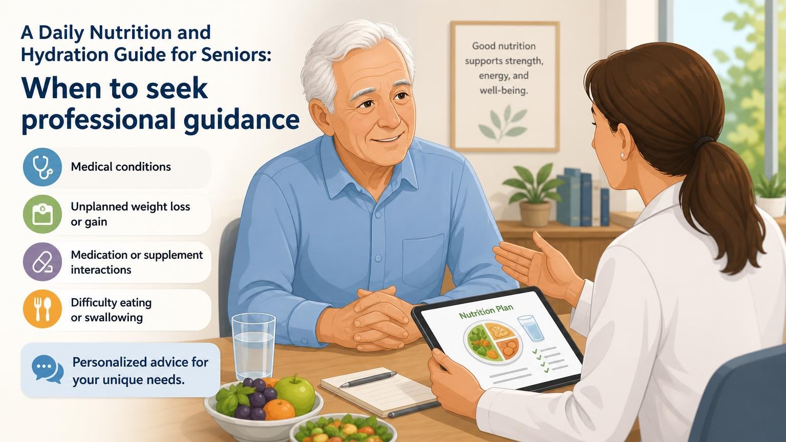 Illustration for A Daily Nutrition and Hydration Guide for Seniors: When to seek professional guidance