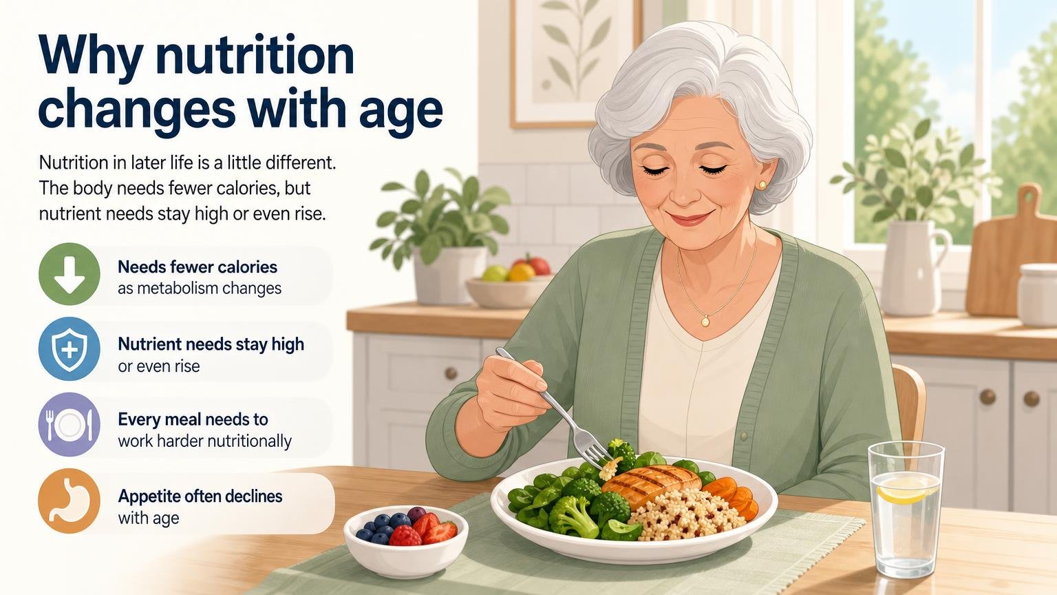 Illustration for A Daily Nutrition and Hydration Guide for Seniors: Why nutrition changes with age