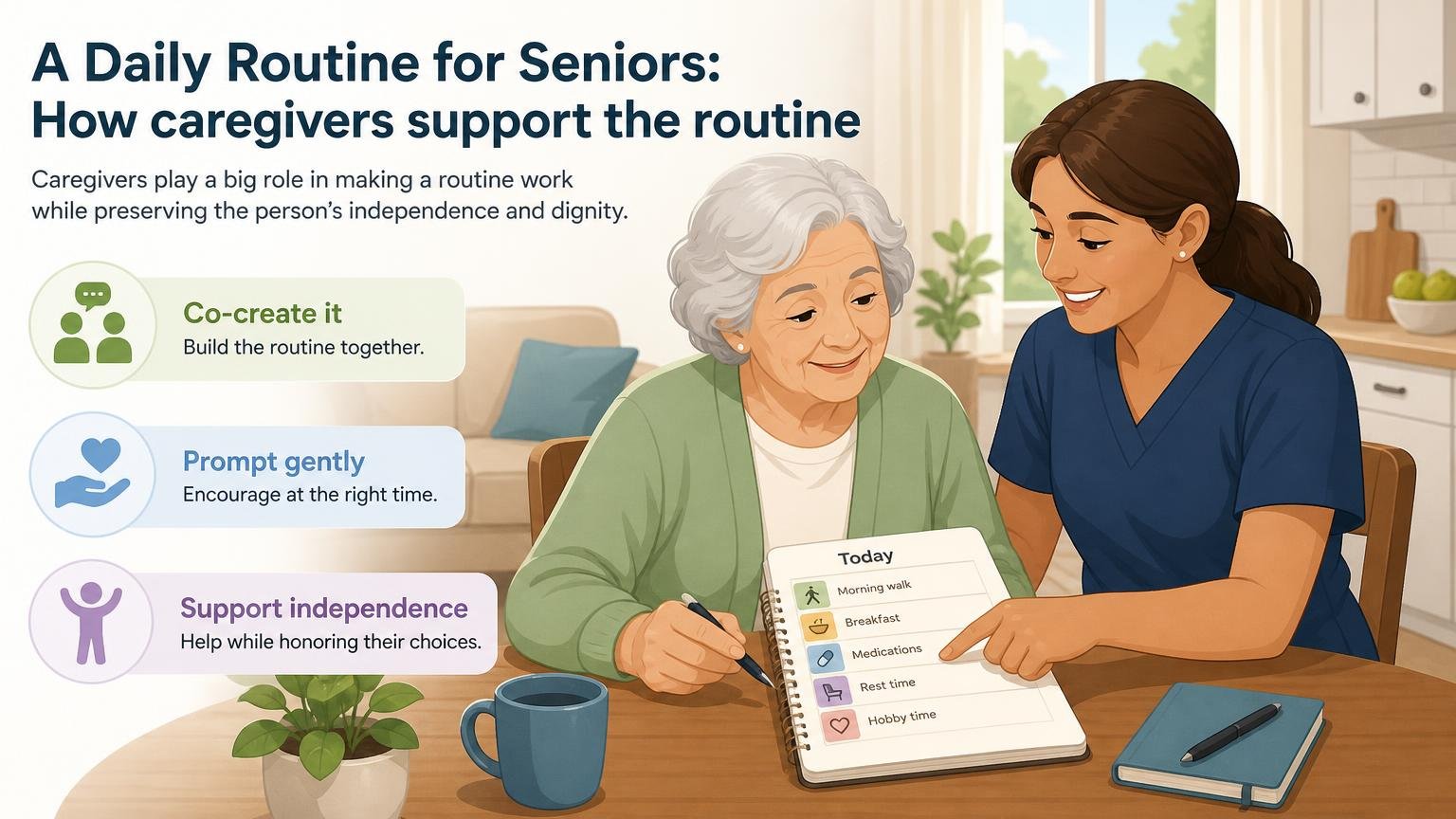 Illustration for A Daily Routine for Seniors: Structuring the Whole Day: How caregivers support the routine