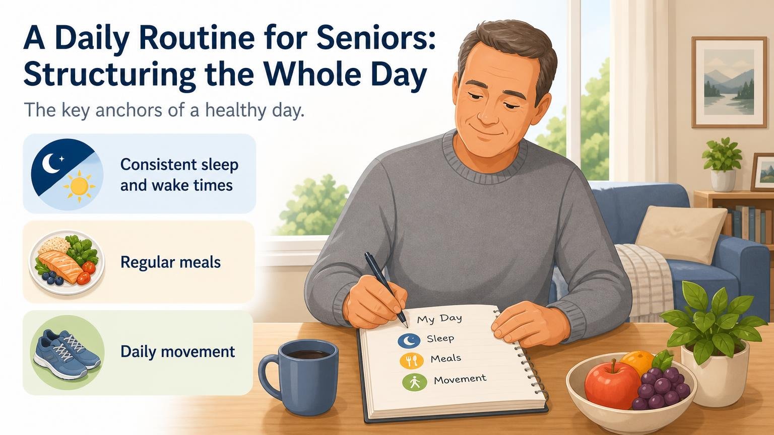 Illustration for A Daily Routine for Seniors: Structuring the Whole Day: The key anchors of a healthy day