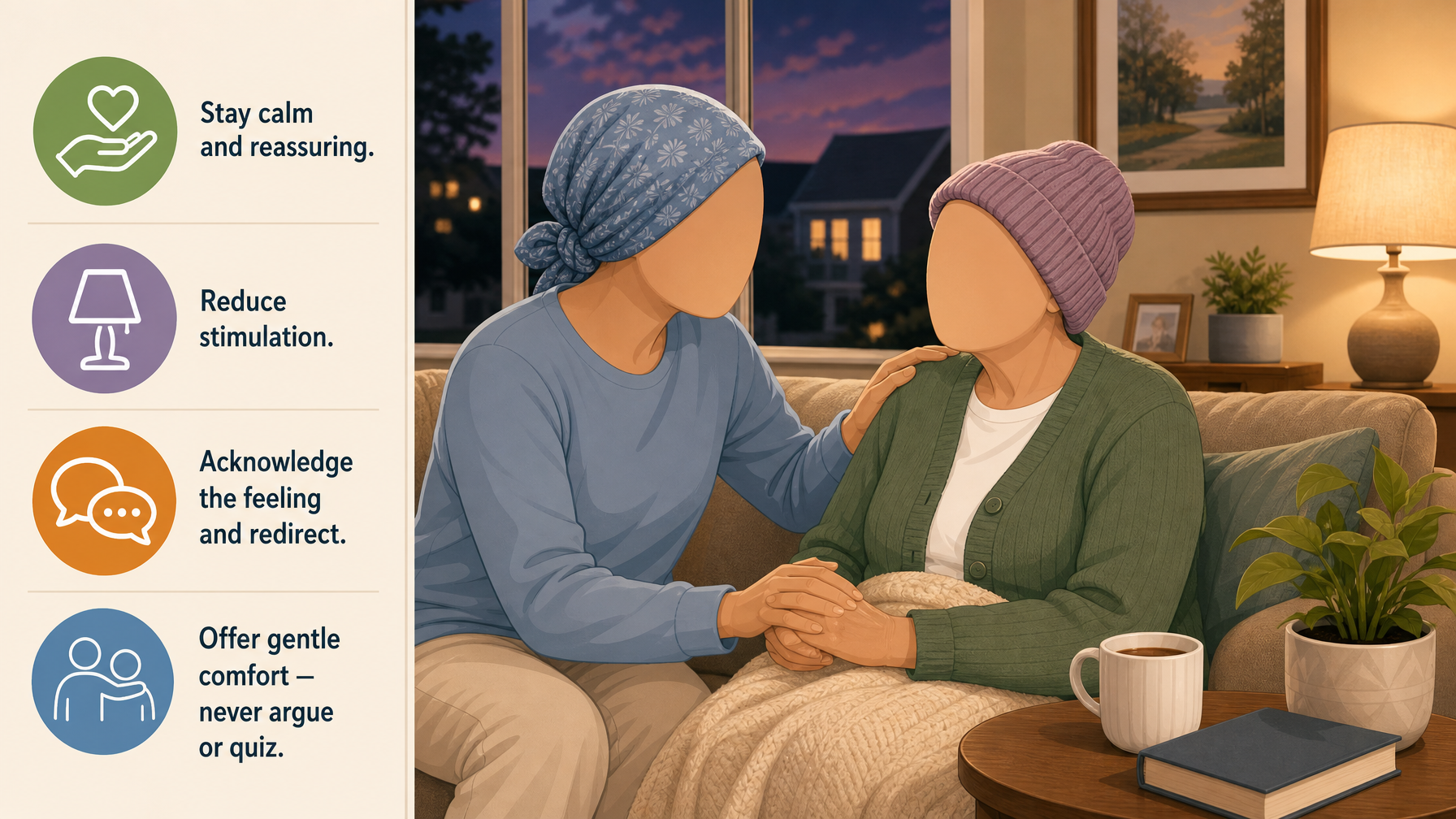 Illustration for Dementia and Sundowning: Why It Happens and How to Manage It: Calming an episode as it happens