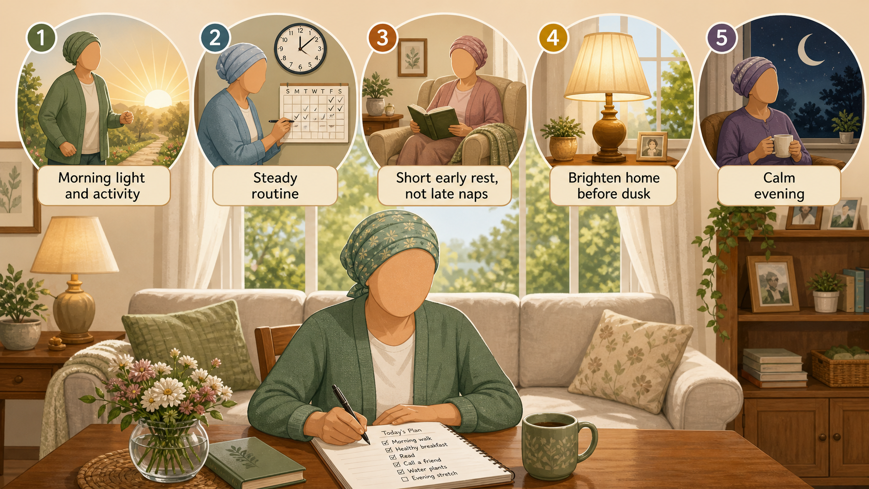 Illustration for Dementia and Sundowning: Why It Happens and How to Manage It: Preventing sundowning: set the day up right