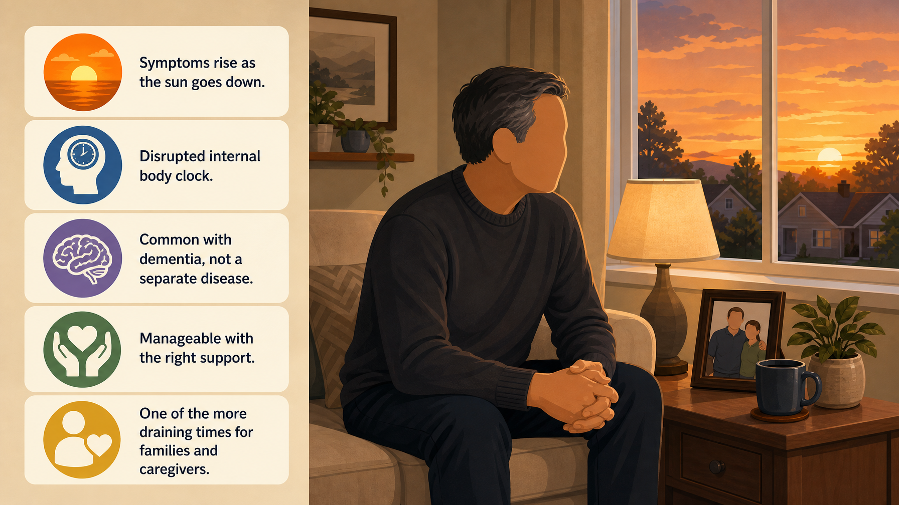 Illustration for Dementia and Sundowning: Why It Happens and How to Manage It: What sundowning is