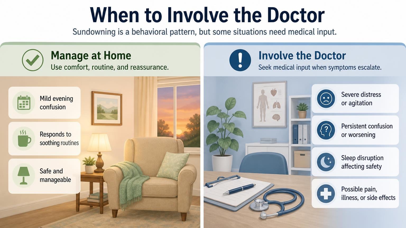 Illustration for Dementia and Sundowning: Why It Happens and How to Manage It: When to involve the doctor