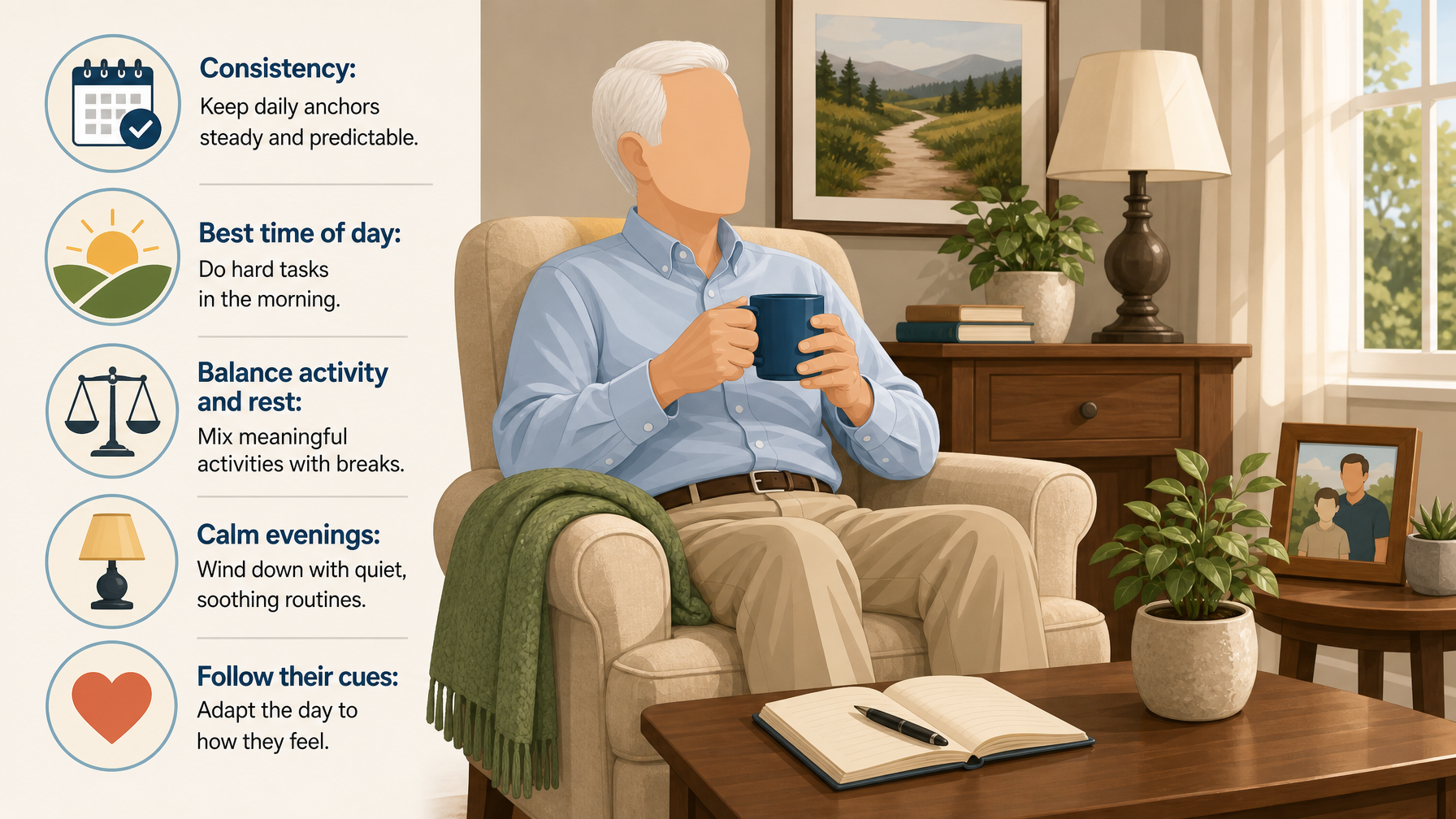 Illustration for A Dementia Daily Routine for Caregivers: The principles behind a good routine