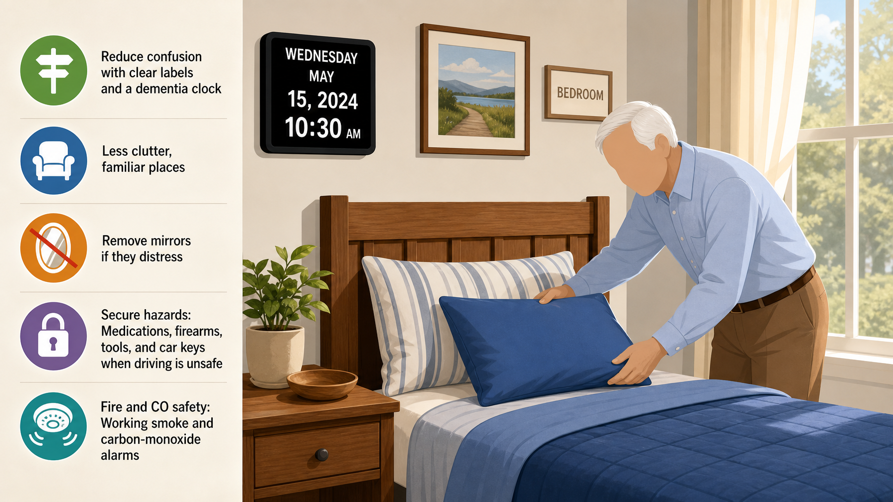 Illustration for Dementia Home Safety: A Room-by-Room Guide: Bedroom and general measures