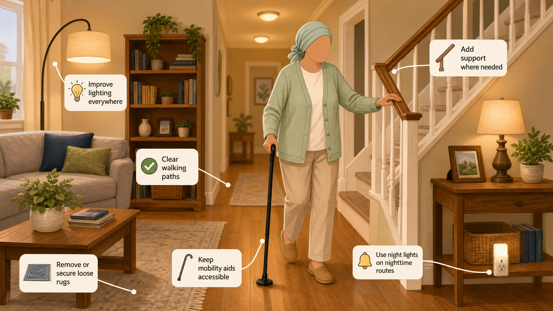 Illustration for Dementia Home Safety: A Room-by-Room Guide: Fall prevention throughout the home