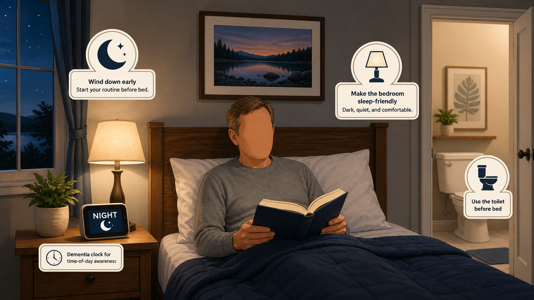 Illustration for Dementia and Sleep Problems: Causes and Solutions: A calming bedtime routine and bedroom
