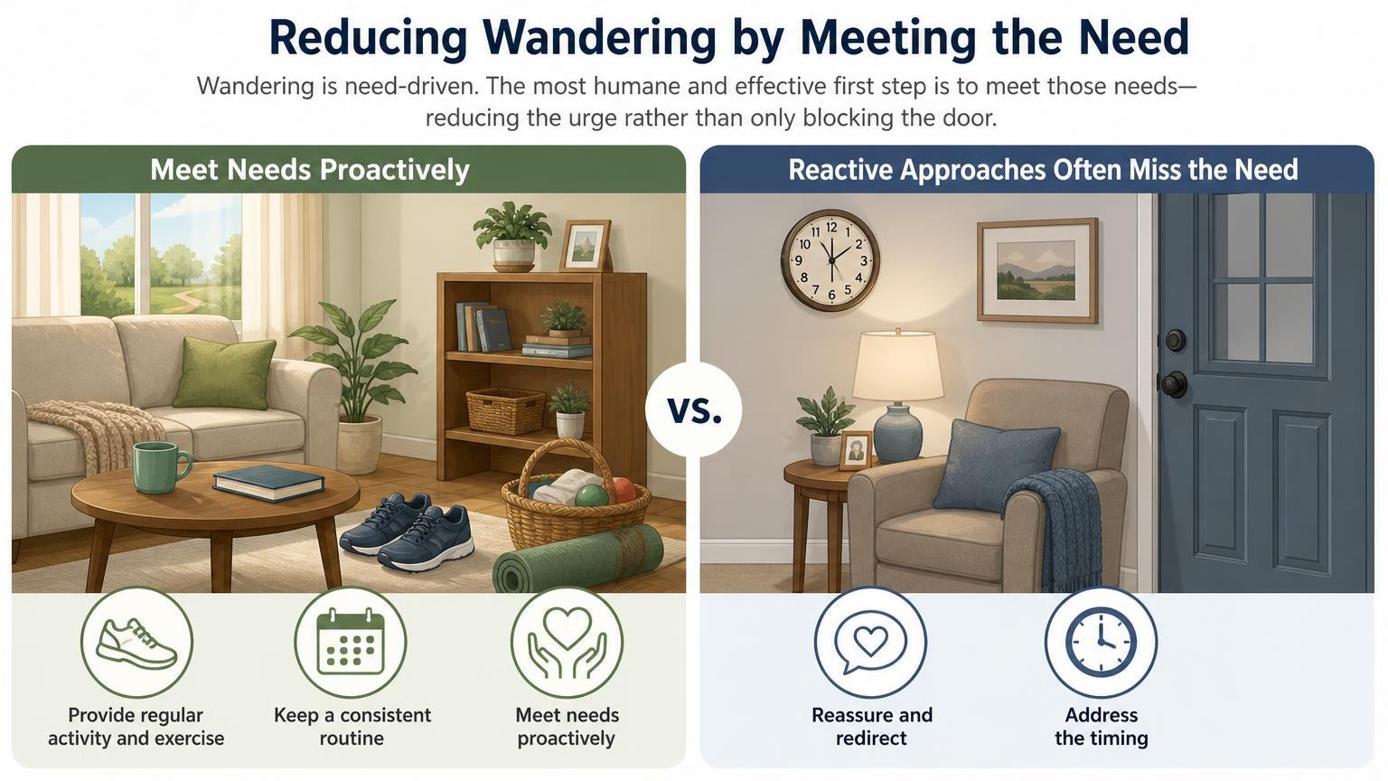Illustration for Dementia Wandering: Why It Happens and How to Keep Them Safe: Reducing wandering by meeting the need