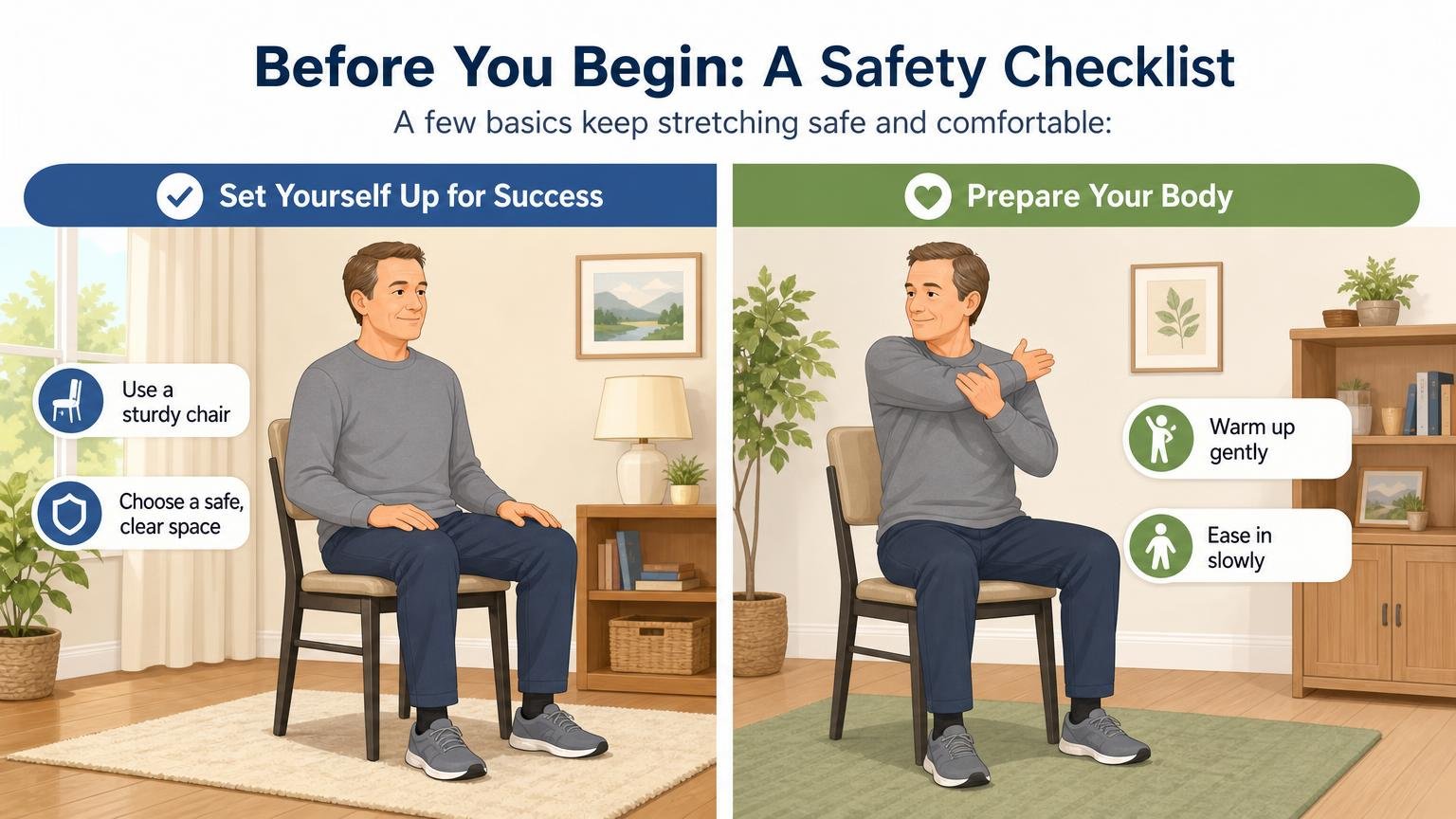 Illustration for Easy Seated Stretches for Elderly Beginners: Before you begin: a safety checklist