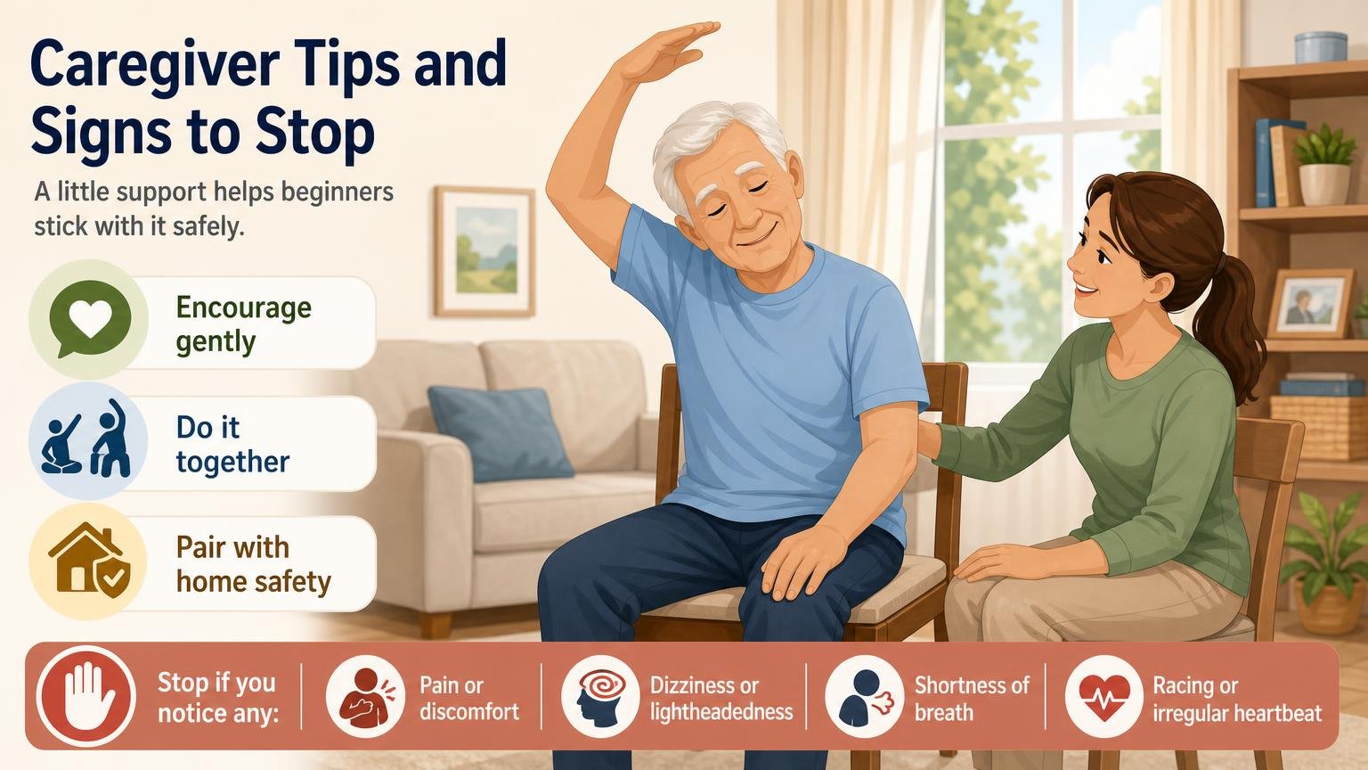 Illustration for Easy Seated Stretches for Elderly Beginners: Caregiver tips and signs to stop