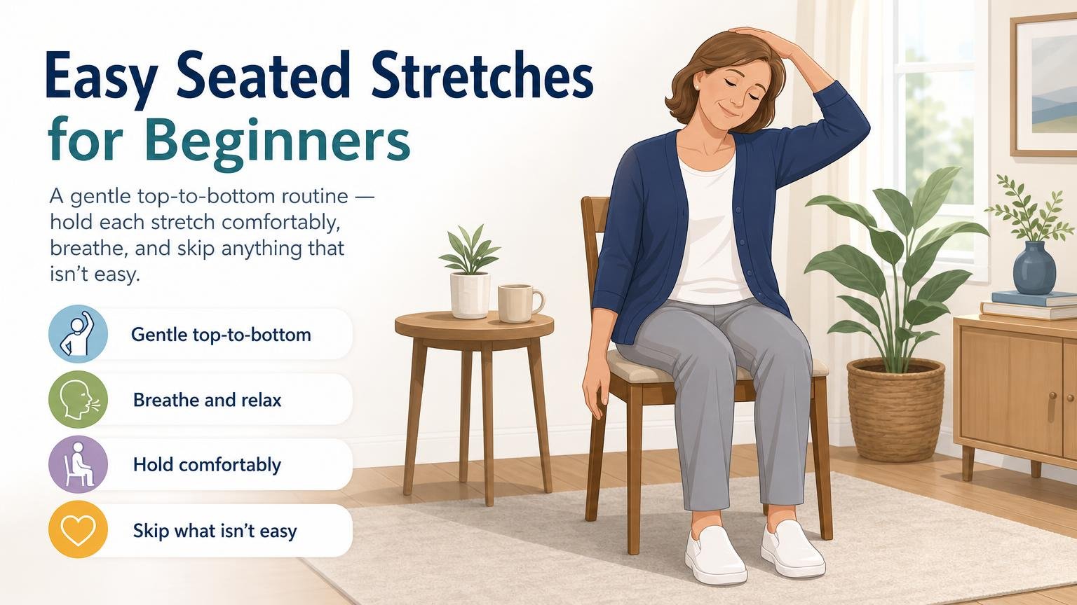 Illustration for Easy Seated Stretches for Elderly Beginners: Easy seated stretches for beginners
