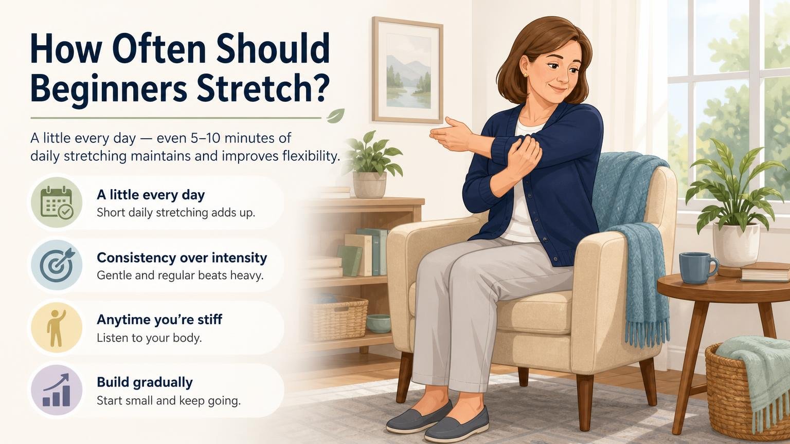 Illustration for Easy Seated Stretches for Elderly Beginners: How often should beginners stretch?