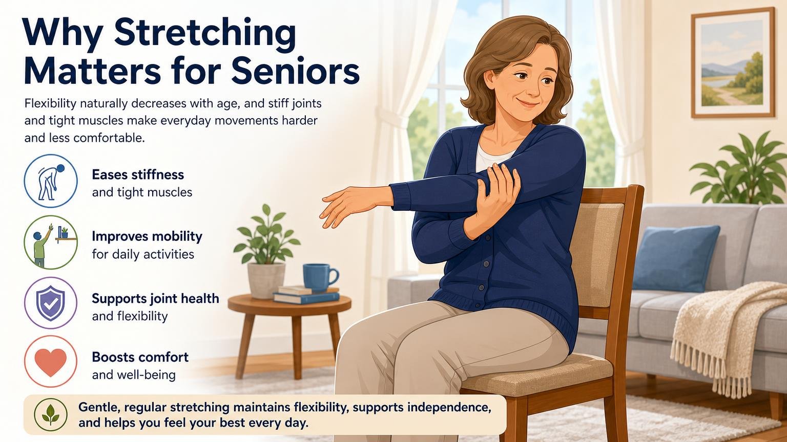Illustration for Easy Seated Stretches for Elderly Beginners: Why stretching matters for seniors
