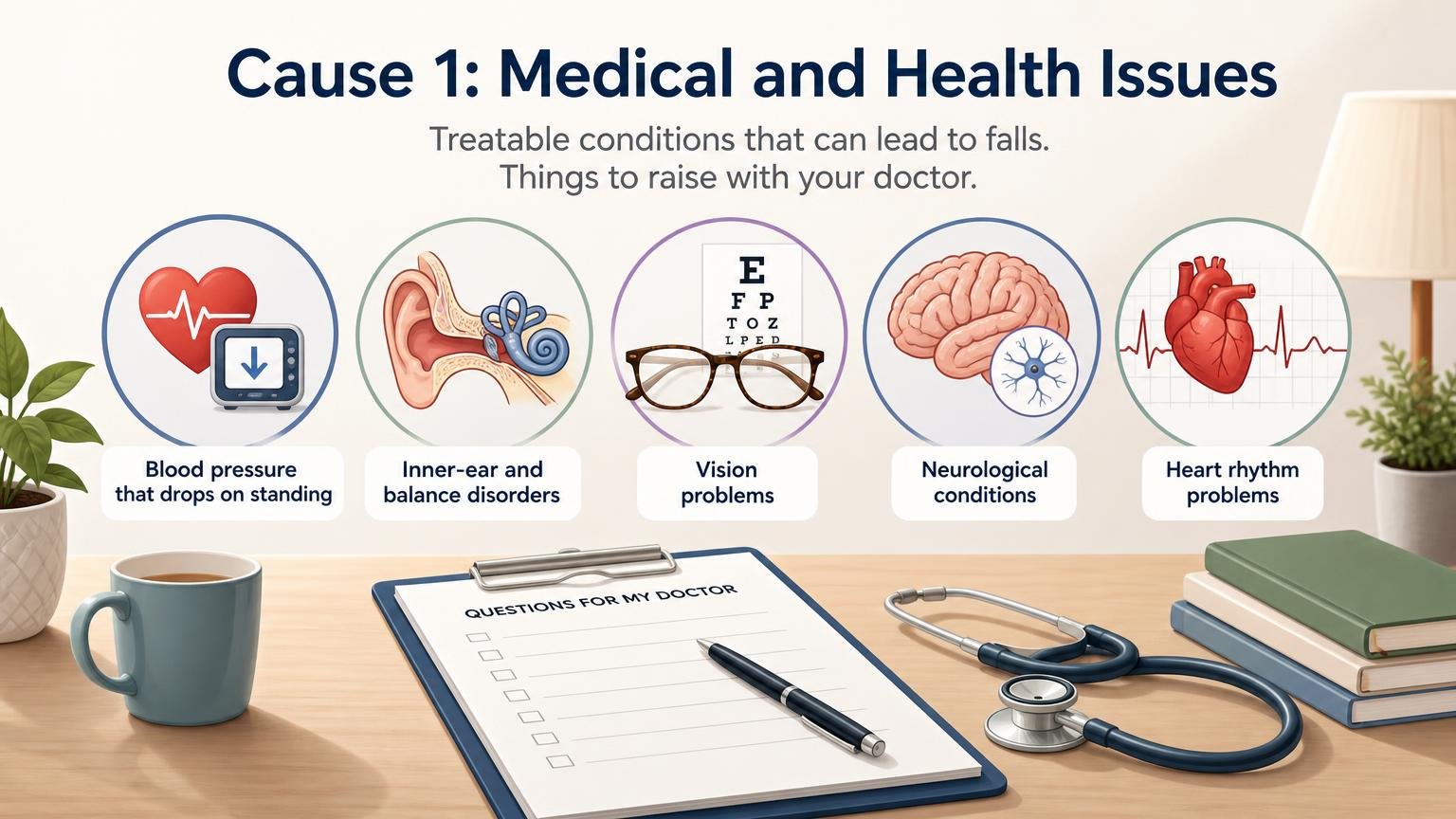 Illustration for Why Does My Elderly Parent Keep Falling? Causes and What to Do: Cause 1: Medical and health issues