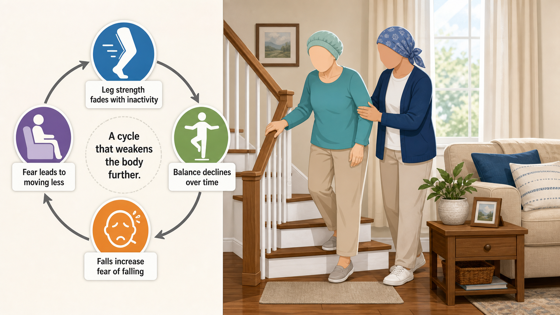 Illustration for Why Does My Elderly Parent Keep Falling? Causes and What to Do: Cause 3: Weakness and balance decline