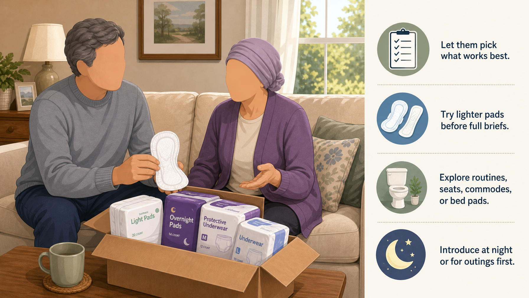 Illustration for When an Elderly Parent Refuses Adult Diapers: Offer choice, discretion, and alternatives