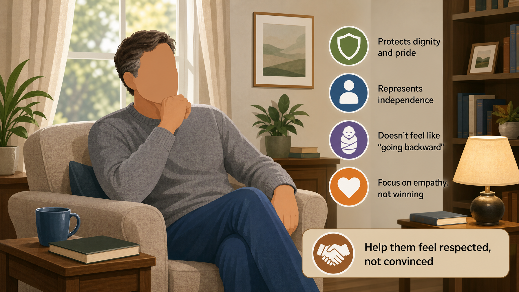 Illustration for When an Elderly Parent Refuses Adult Diapers: Understand what the refusal is really about