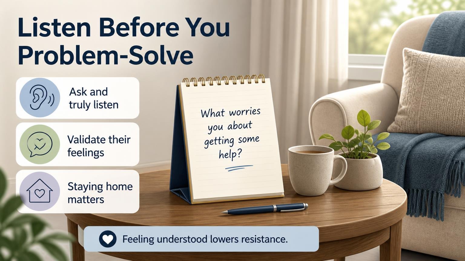 Illustration for When an Elderly Parent Refuses Help: What Actually Works: Listen before you problem-solve