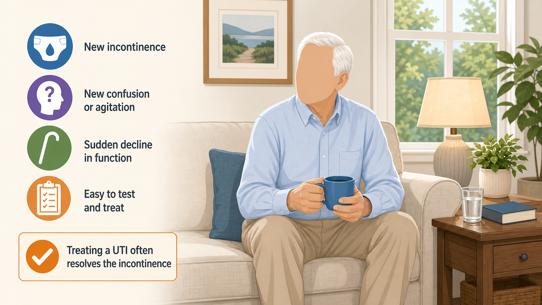 Illustration for Elderly Suddenly Incontinent: What It Means and What to Do: The most common cause: a urinary tract infection