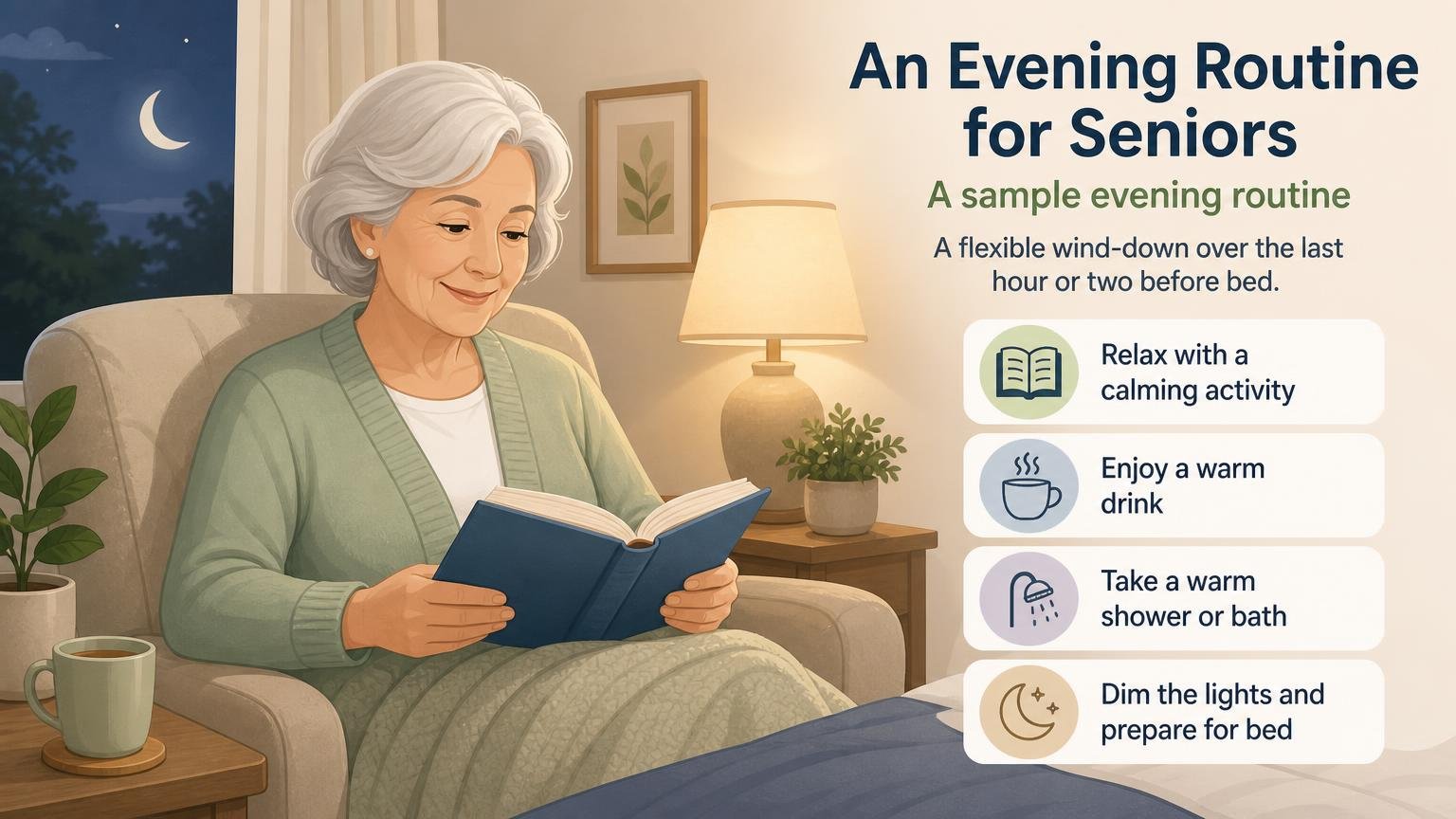 Illustration for An Evening Routine for Seniors: Winding Down for Better Sleep: A sample evening routine