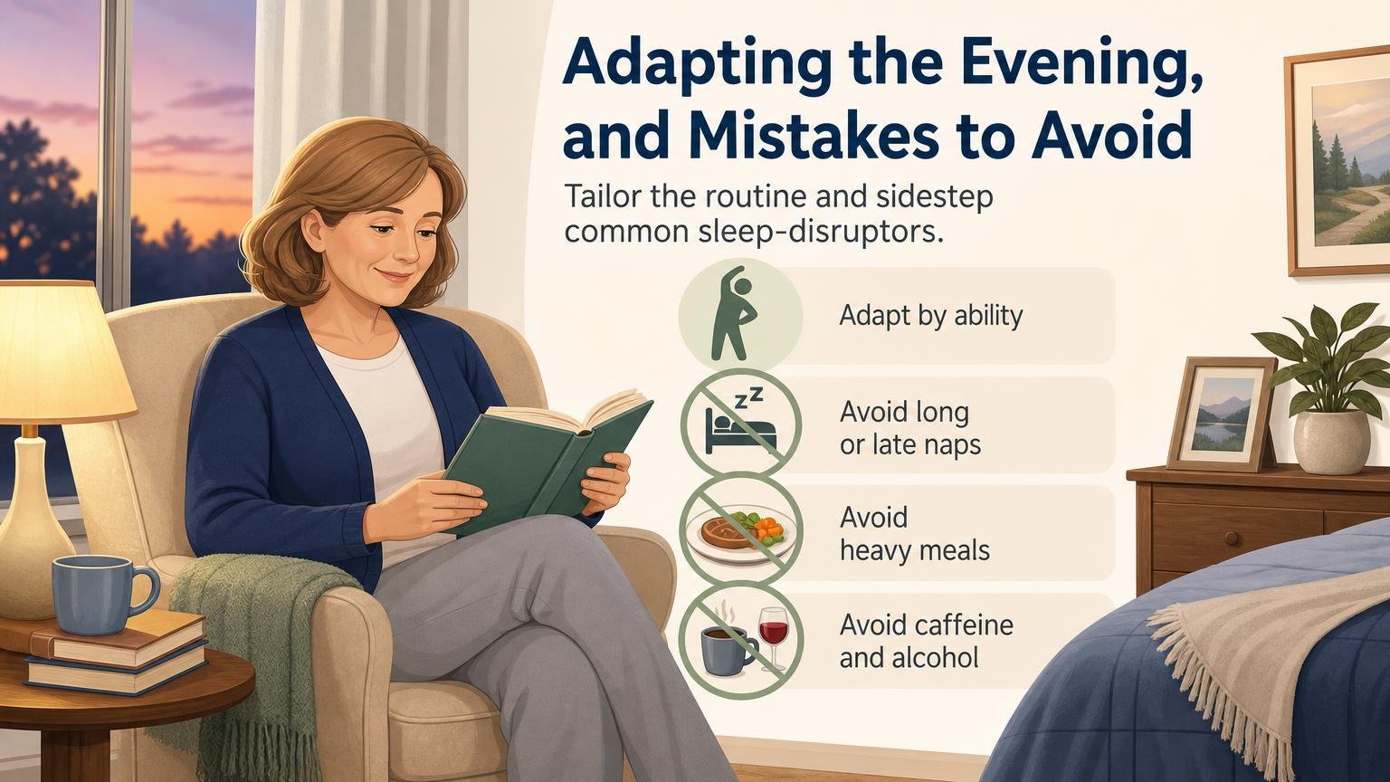 Illustration for An Evening Routine for Seniors: Winding Down for Better Sleep: Adapting the evening, and mistakes to avoid