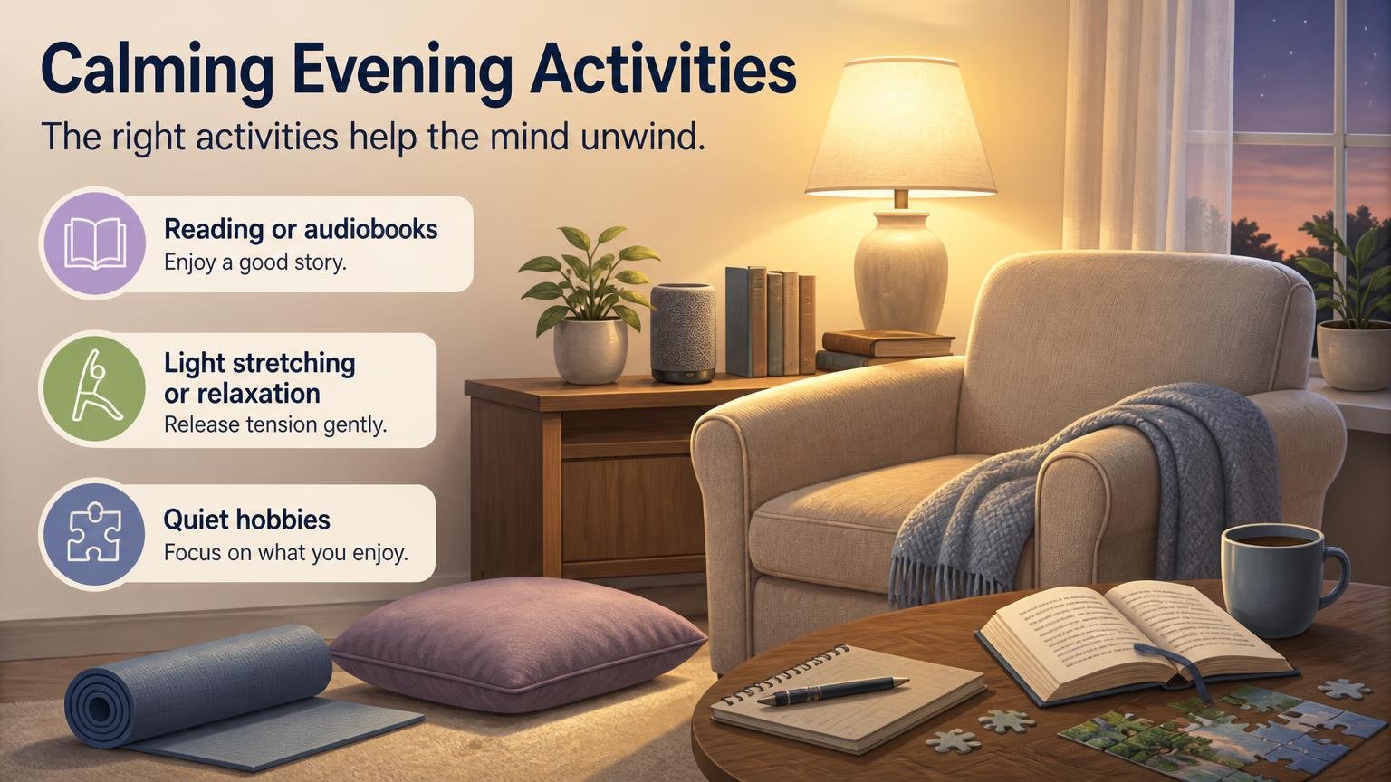 Illustration for An Evening Routine for Seniors: Winding Down for Better Sleep: Calming evening activities