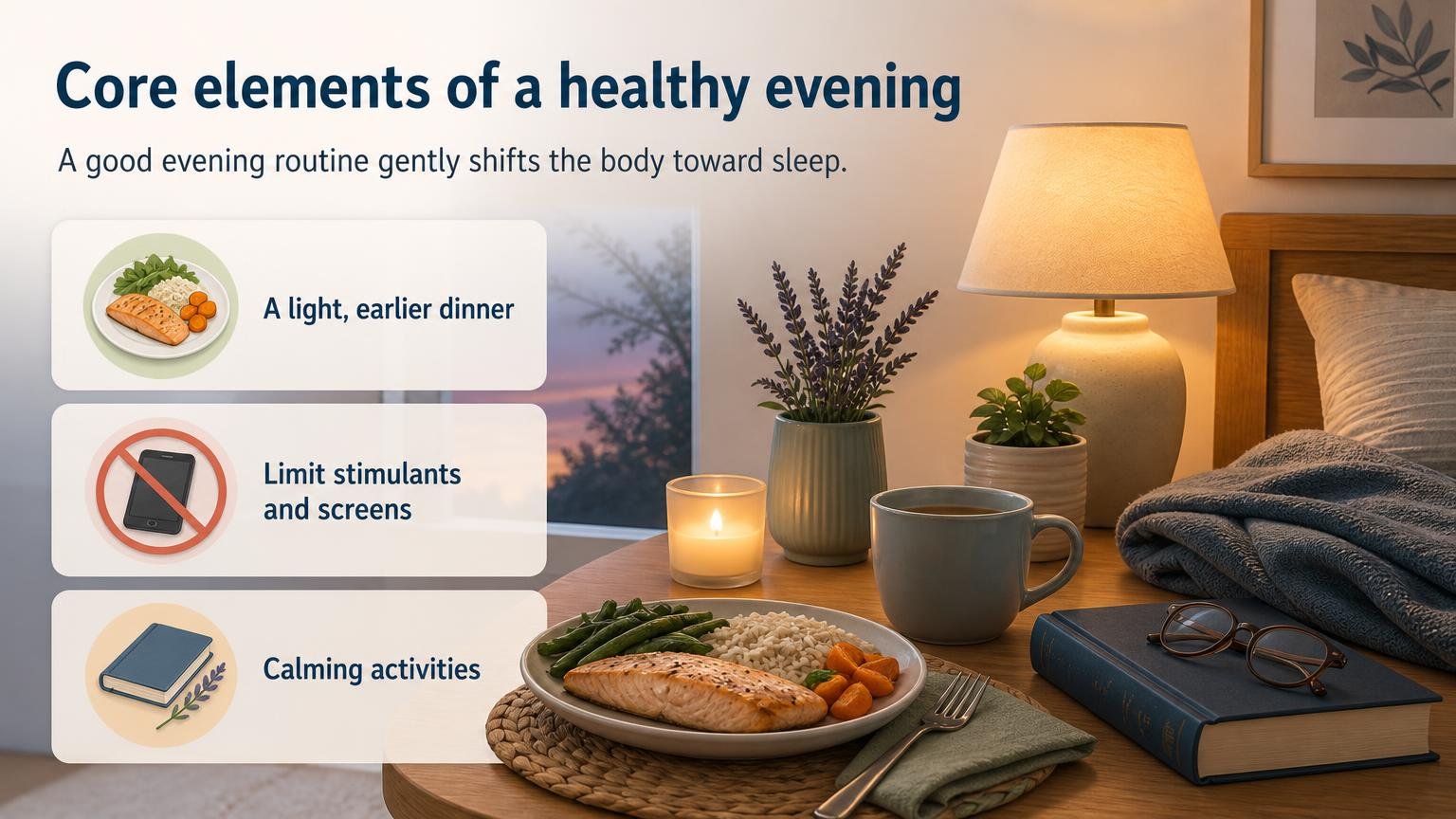 Illustration for An Evening Routine for Seniors: Winding Down for Better Sleep: Core elements of a healthy evening
