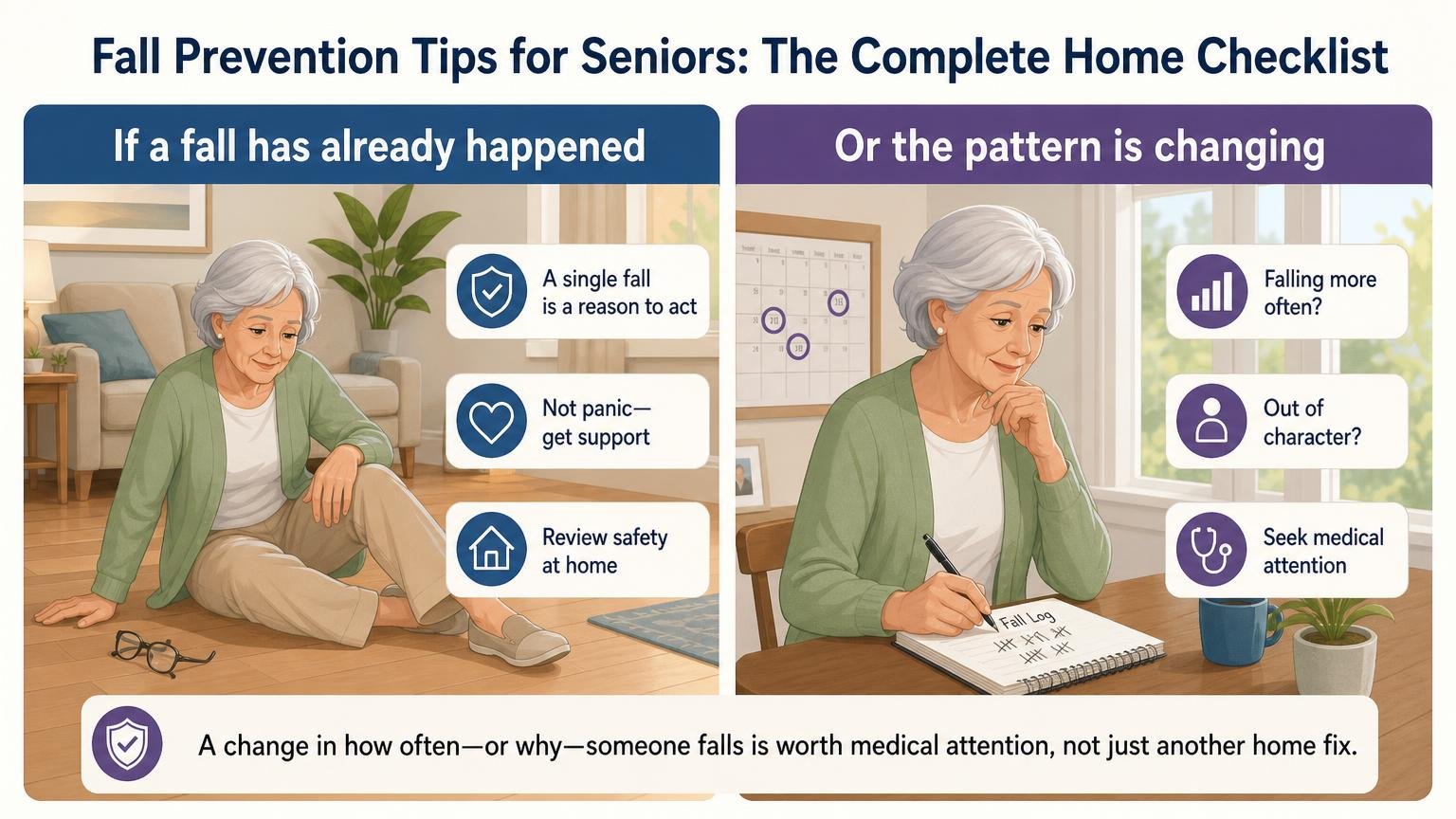 Illustration for Fall Prevention Tips for Seniors: The Complete Home Checklist: If a fall has already happened, or the pattern is changing