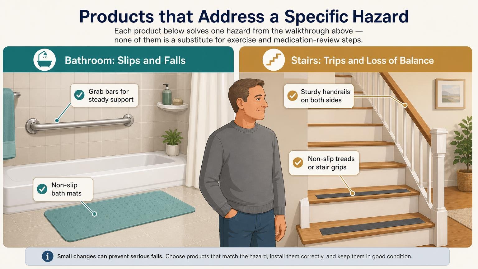 Illustration for Fall Prevention Tips for Seniors: The Complete Home Checklist: Products that address a specific hazard