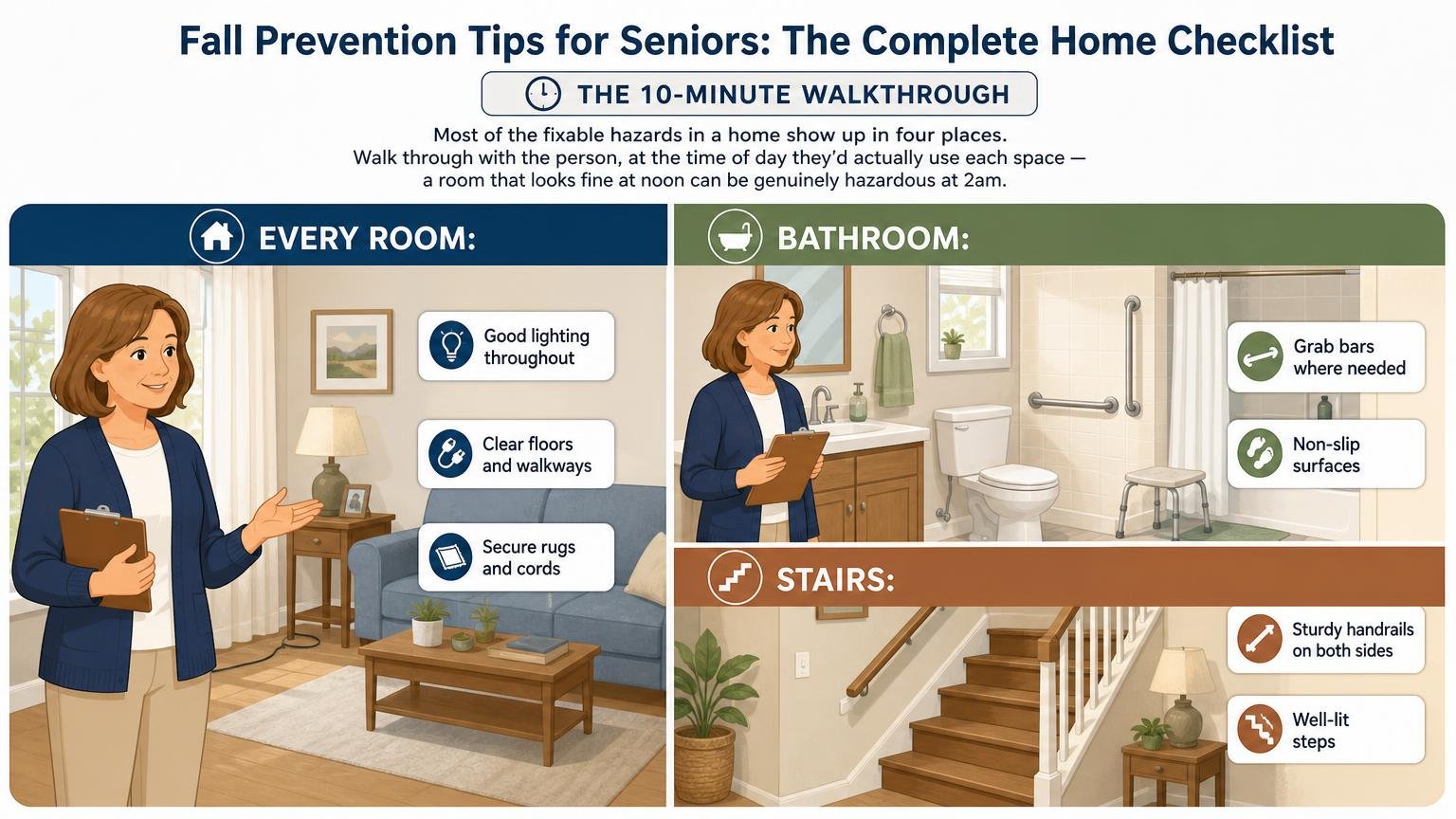 Illustration for Fall Prevention Tips for Seniors: The Complete Home Checklist: The 10-minute walkthrough