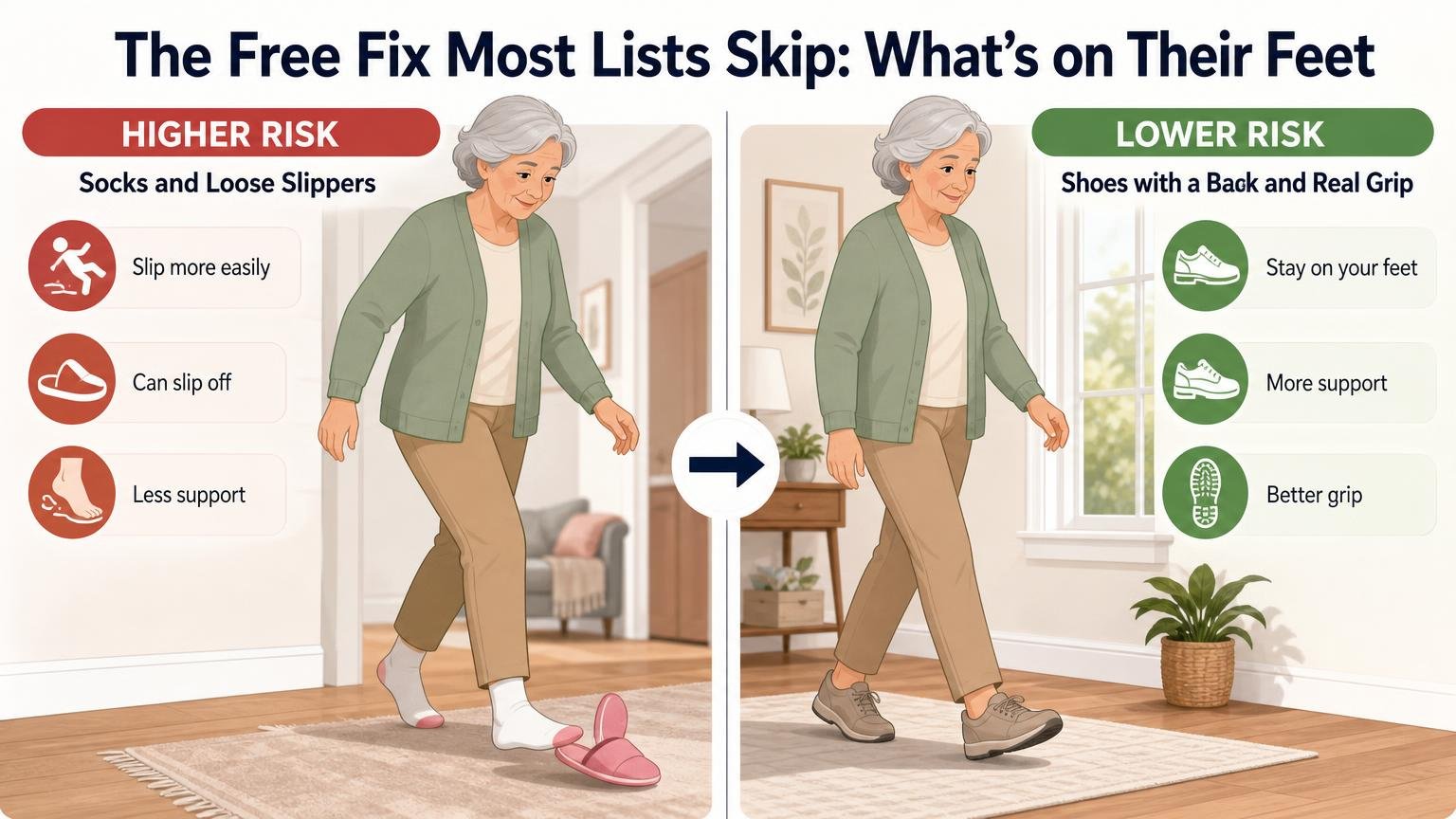 Illustration for Fall Prevention Tips for Seniors: The Complete Home Checklist: The free fix most lists skip: what’s on their feet