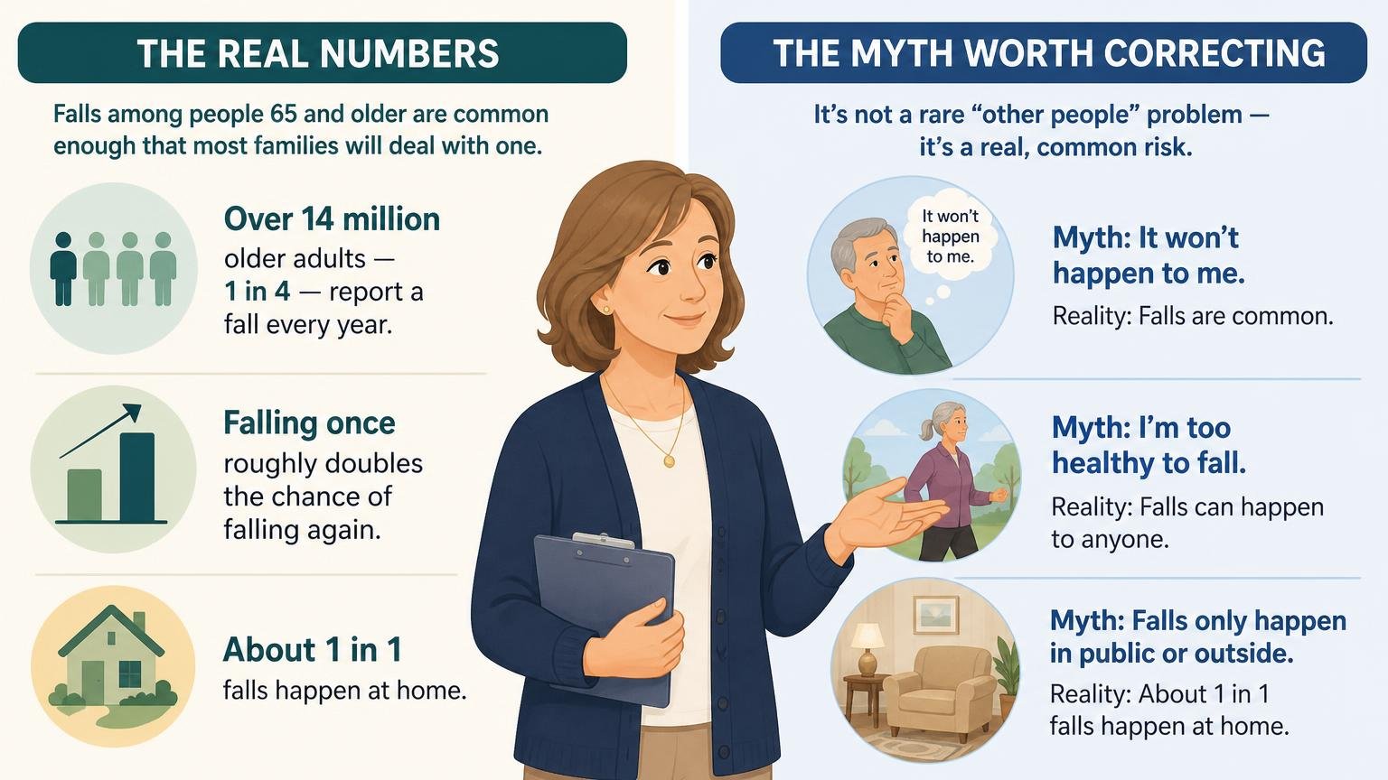 Illustration for Fall Prevention Tips for Seniors: The Complete Home Checklist: The real numbers, and the myth worth correcting