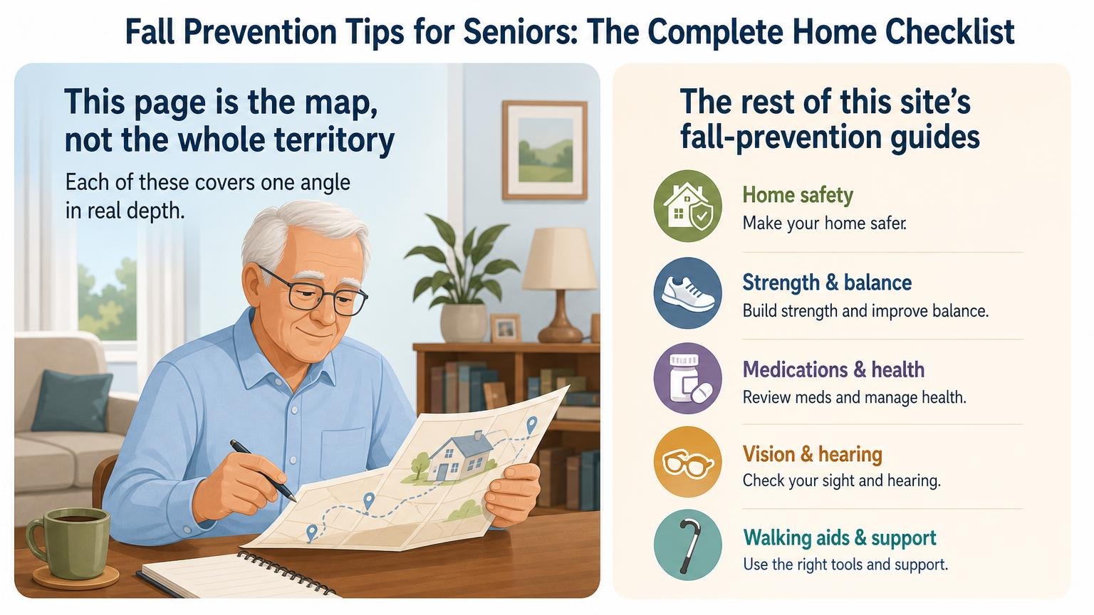Illustration for Fall Prevention Tips for Seniors: The Complete Home Checklist: The rest of this site’s fall-prevention guides, one line each