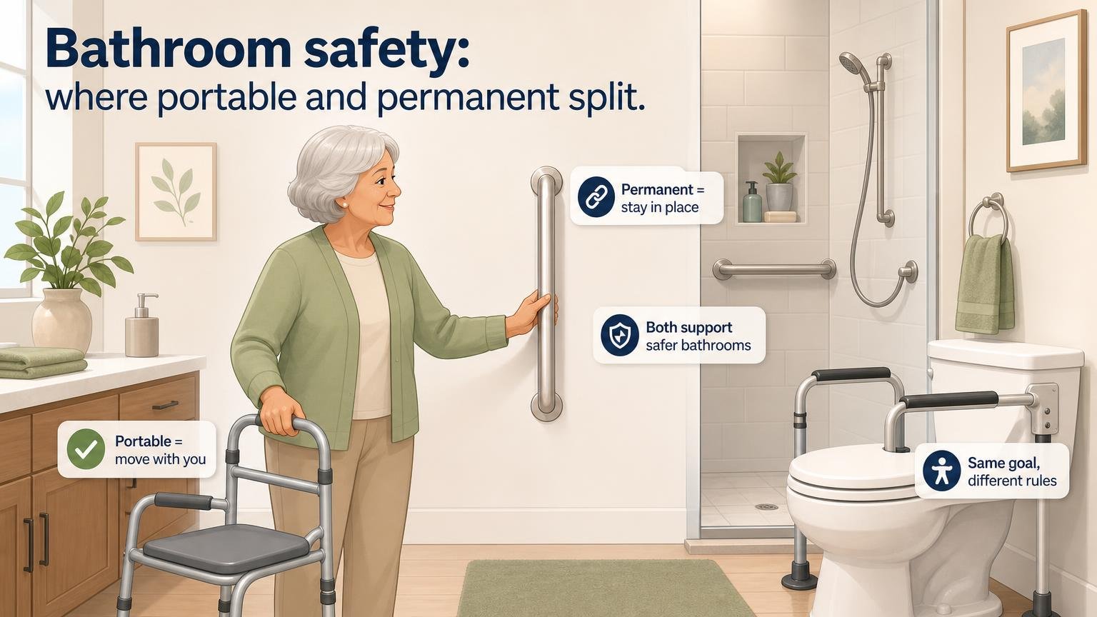 Illustration for Is a Walker or Wheelchair FSA/HSA Eligible?: Bathroom safety: where portable and permanent split