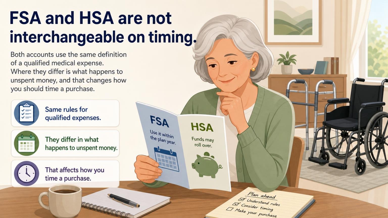 Illustration for Is a Walker or Wheelchair FSA/HSA Eligible?: FSA and HSA are not interchangeable on timing