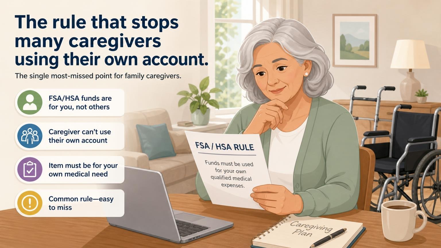 Illustration for Is a Walker or Wheelchair FSA/HSA Eligible?: The rule that stops many caregivers using their own account