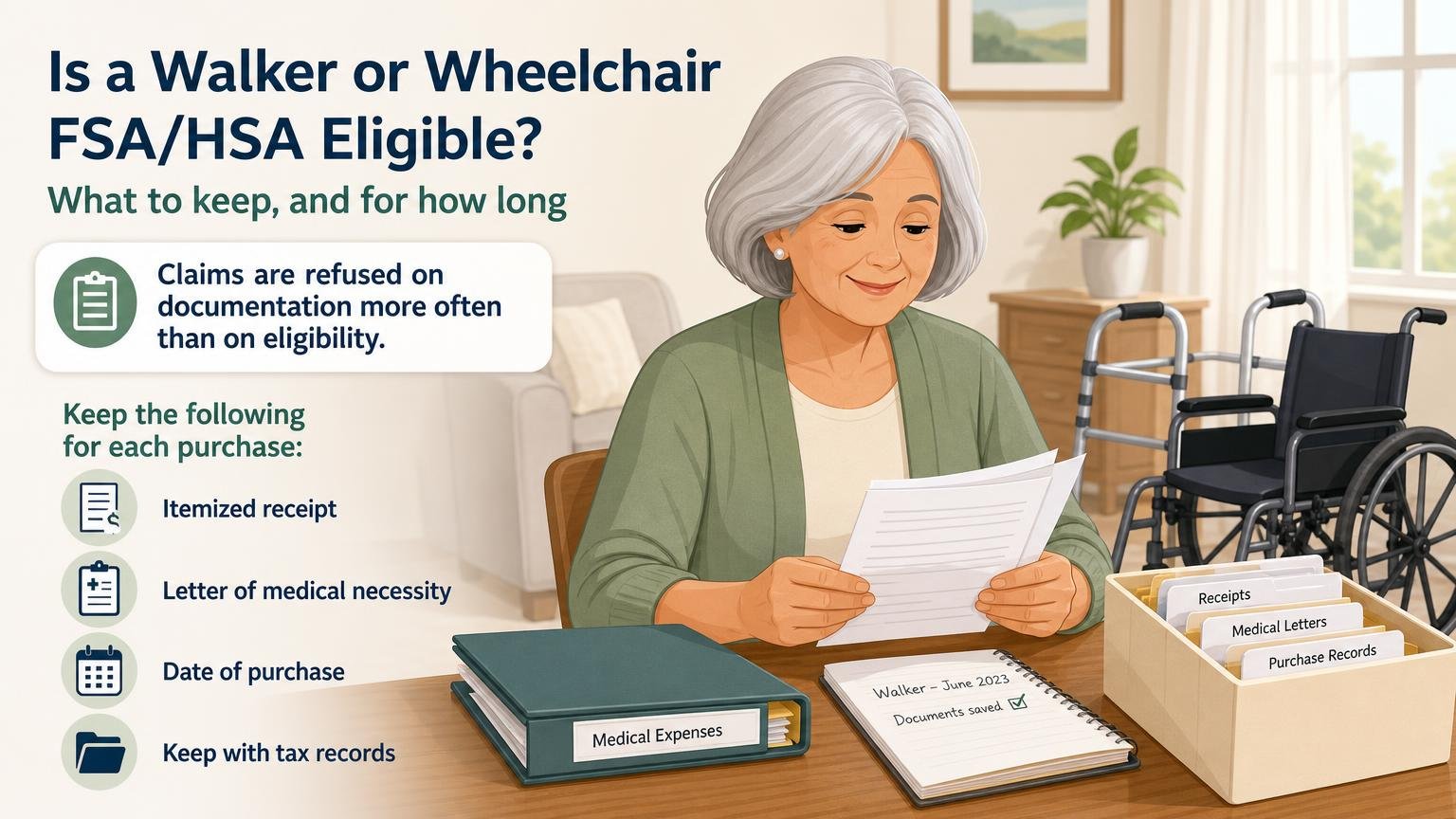 Illustration for Is a Walker or Wheelchair FSA/HSA Eligible?: What to keep, and for how long