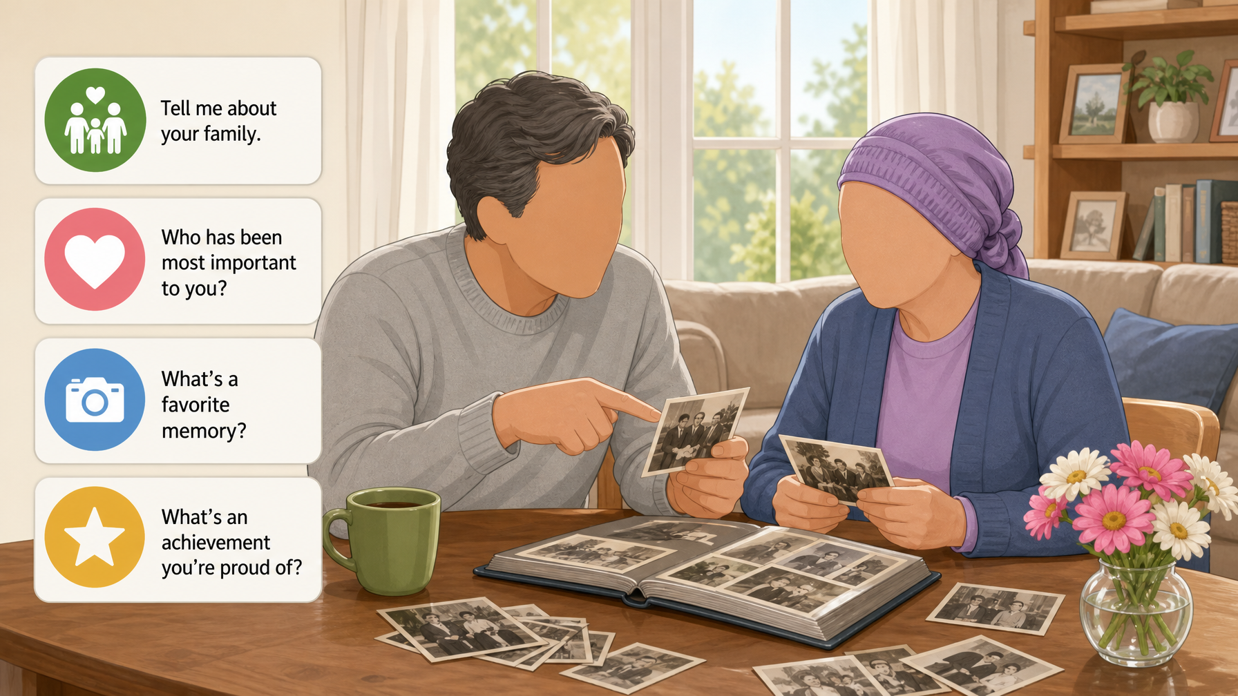 Illustration for Fun Questions to Ask Dementia Patients: Family, love, and life