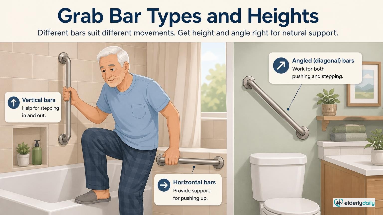 Illustration for Grab Bar Placement Guide: Where and How to Install Them: Bar types and heights