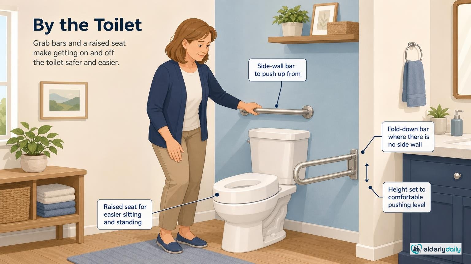Illustration for Grab Bar Placement Guide: Where and How to Install Them: By the toilet