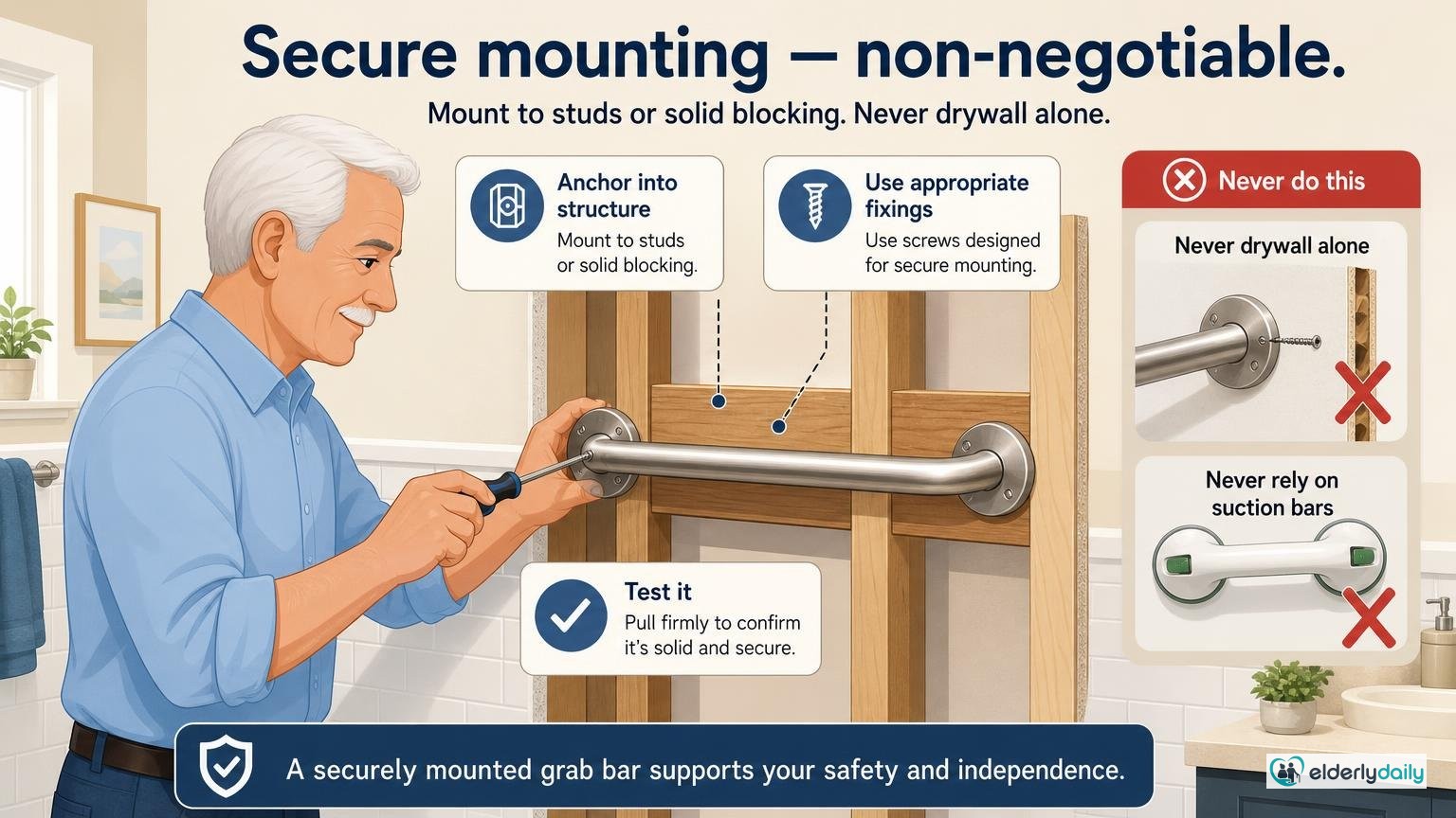 Illustration for Grab Bar Placement Guide: Where and How to Install Them: Secure mounting — non-negotiable
