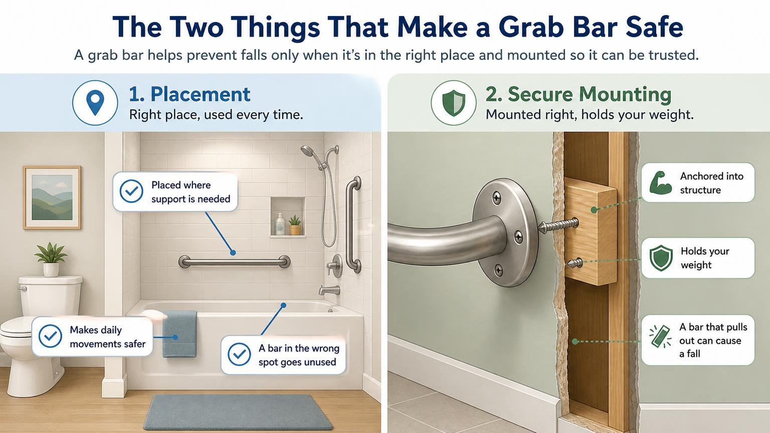 Illustration for Grab Bar Placement Guide: Where and How to Install Them: The two things that make a grab bar safe