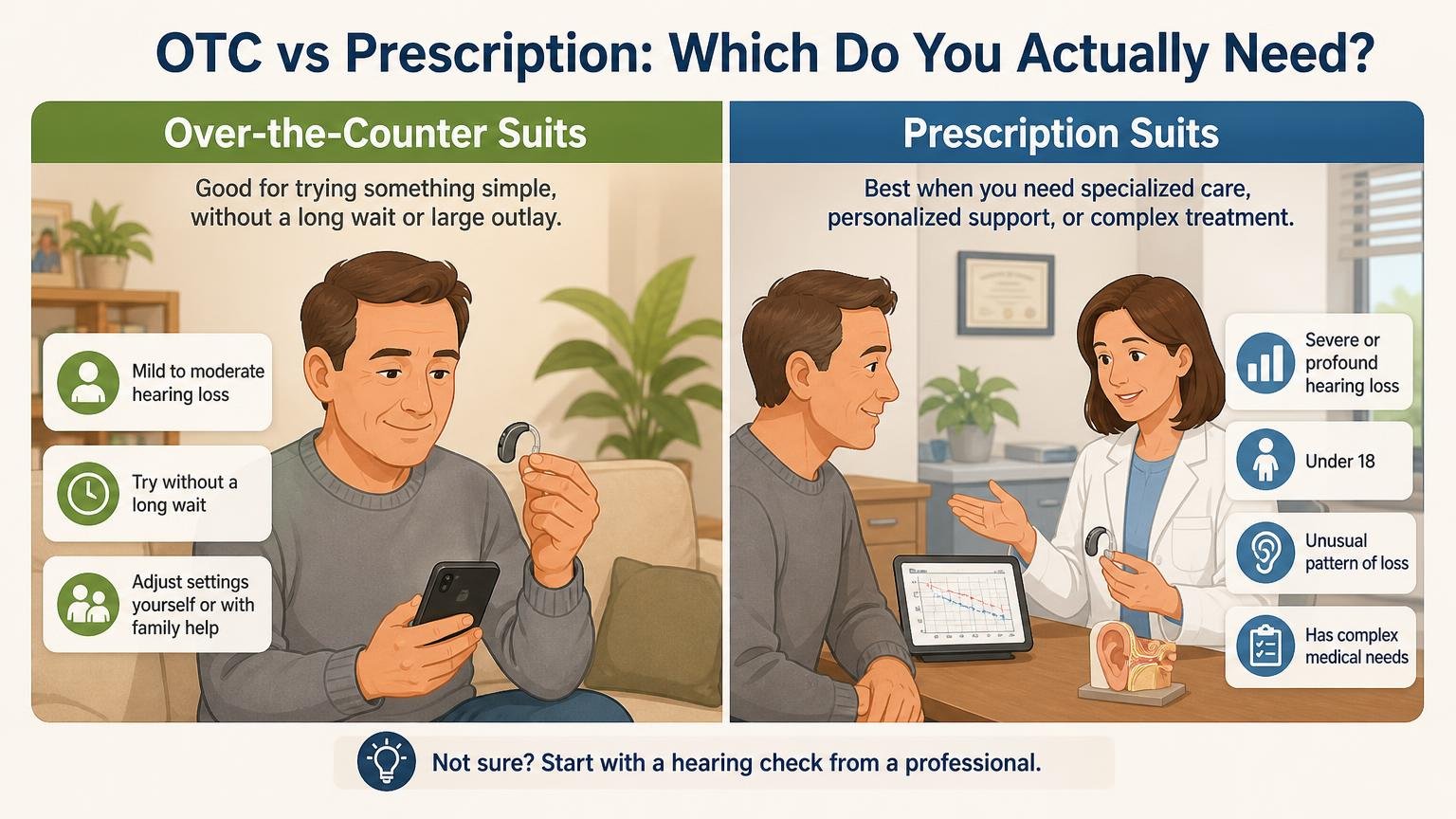 Illustration for Hearing Aid vs Amplifier: What Is the Difference for Seniors?: OTC vs prescription: which does the person actually need?