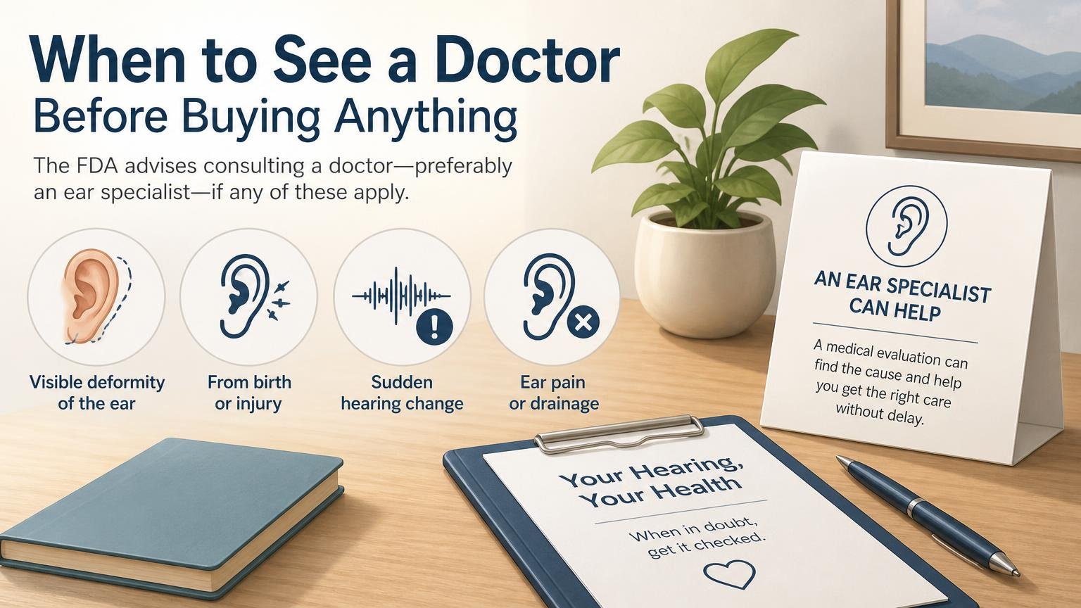 Illustration for Hearing Aid vs Amplifier: What Is the Difference for Seniors?: When to see a doctor before buying anything