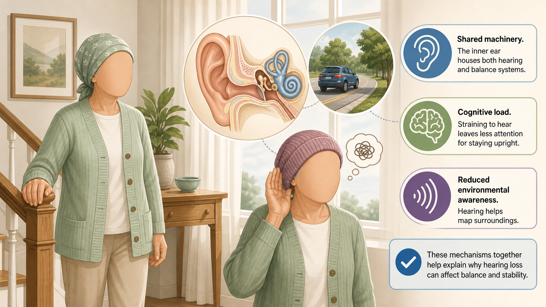 Illustration for Hearing Loss and Fall Risk: The Overlooked Connection: Why hearing loss affects balance