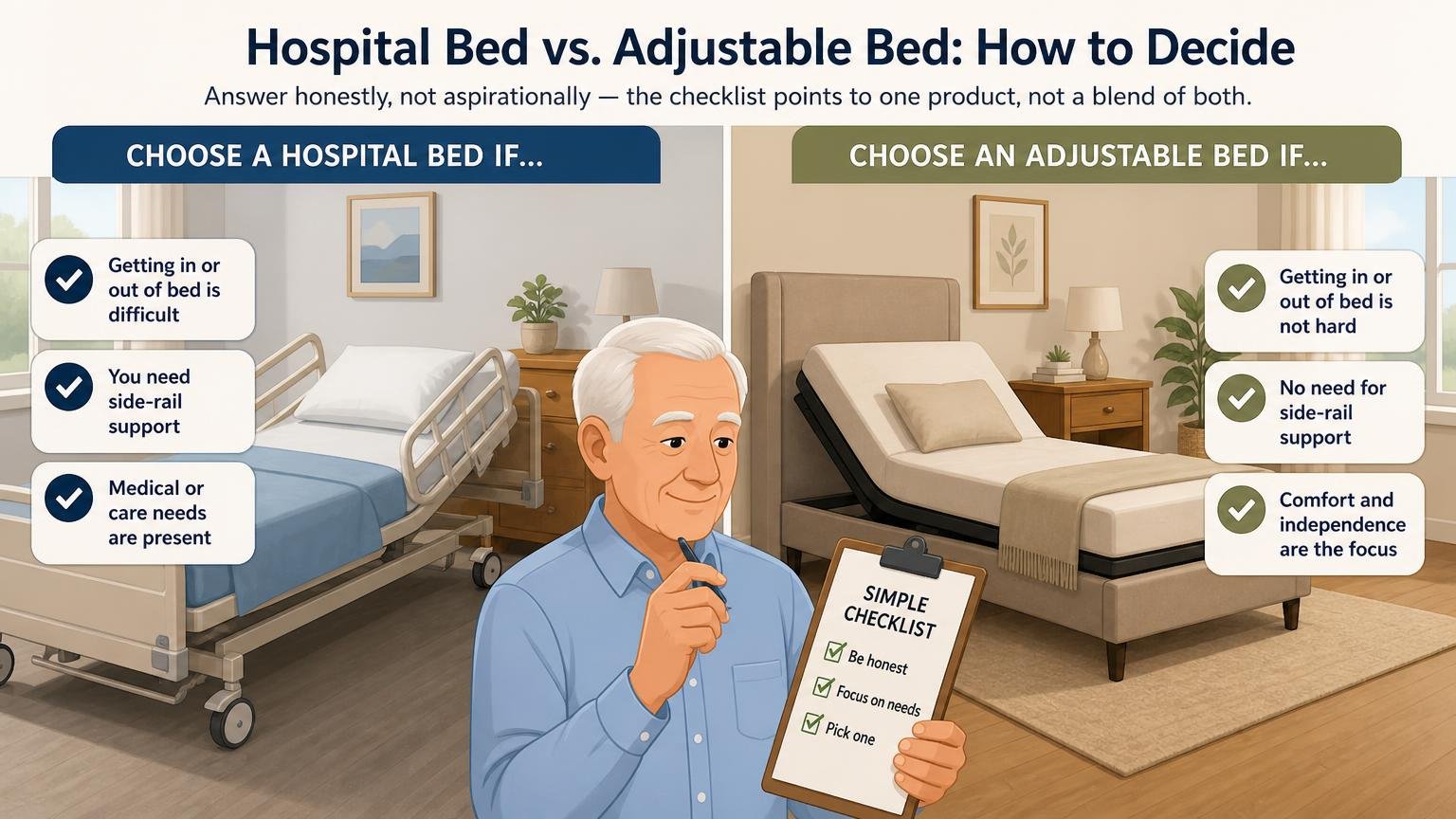 Illustration for Hospital Bed vs. Adjustable Bed: Which One Actually Solves the Problem: How to decide: a simple checklist