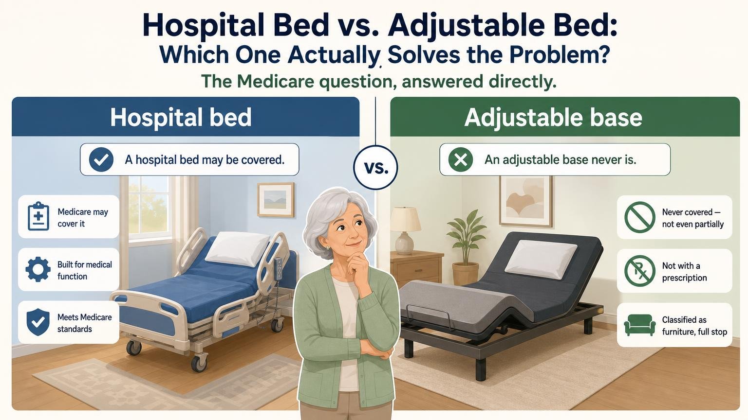 Illustration for Hospital Bed vs. Adjustable Bed: Which One Actually Solves the Problem: The Medicare question, answered directly